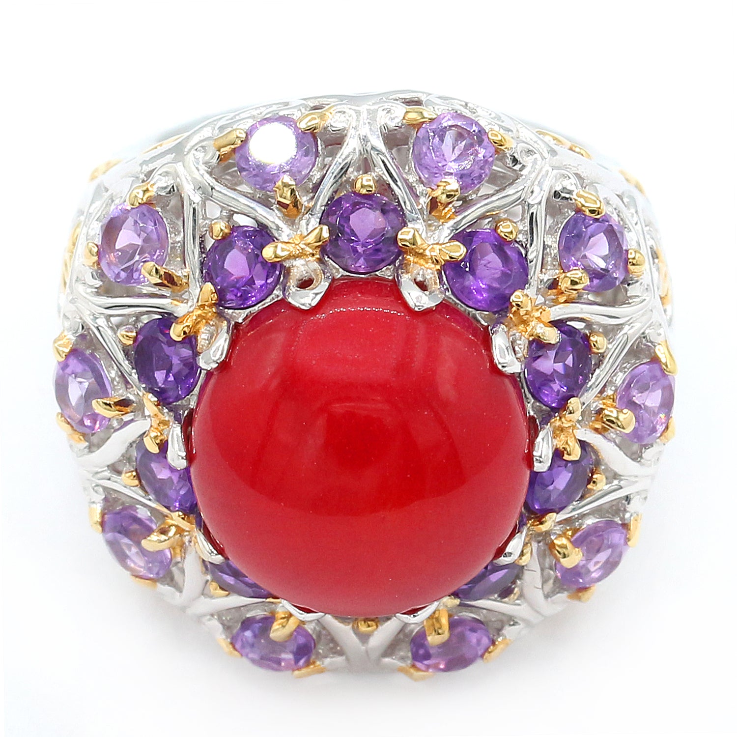 Gems en Vogue Red Coral & Amethyst Halo Flower Ring