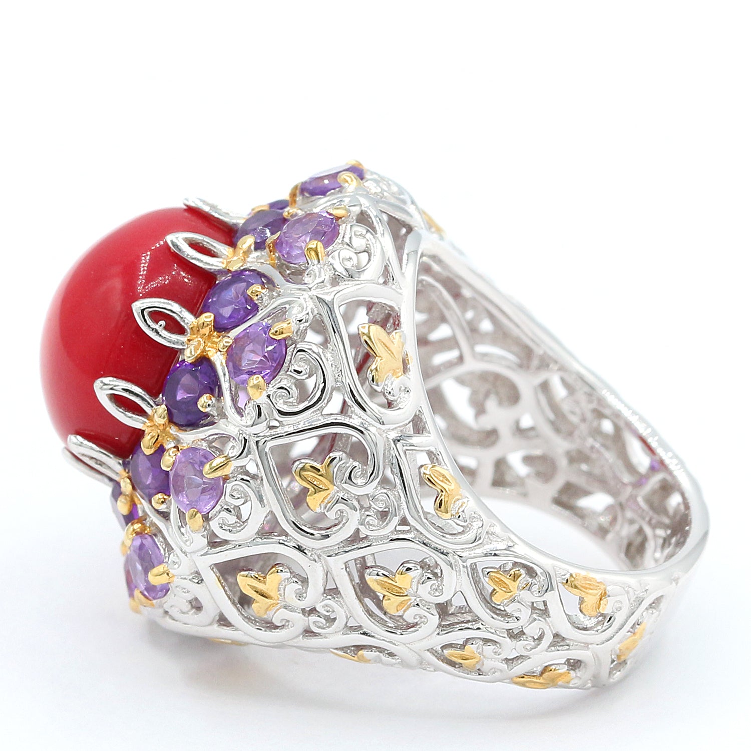 Gems en Vogue Red Coral & Amethyst Halo Flower Ring