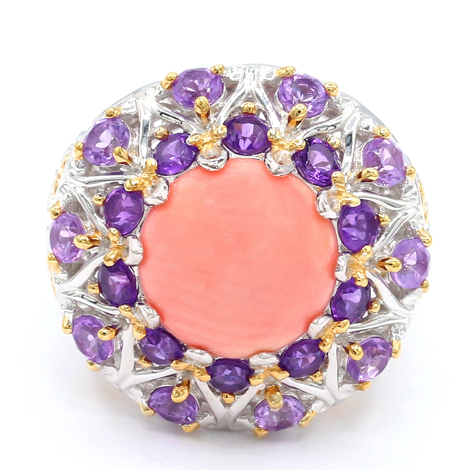 Gems en Vogue Pink Coral & Amethyst Double Halo Flower Ring