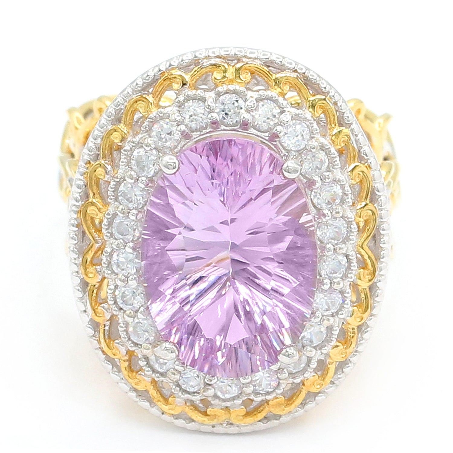 Gems en Vogue 6.83ctw Special Millennium Cut Pink Amethyst & White Zircon Halo Ring