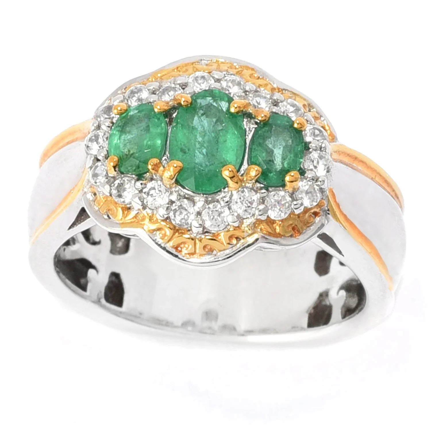 Gems en Vogue 1.76ctw Belmont Emerald & White Zircon Three Stone Ring