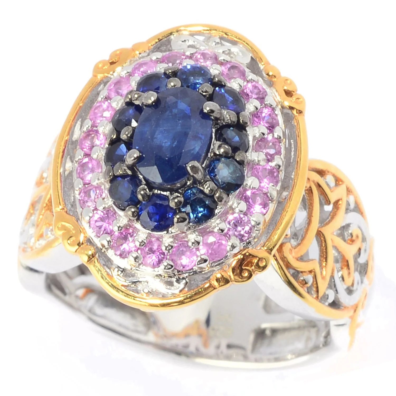 Gems en Vogue 1.40ctw Royal Blue & Pink Sapphire Double Halo Ring