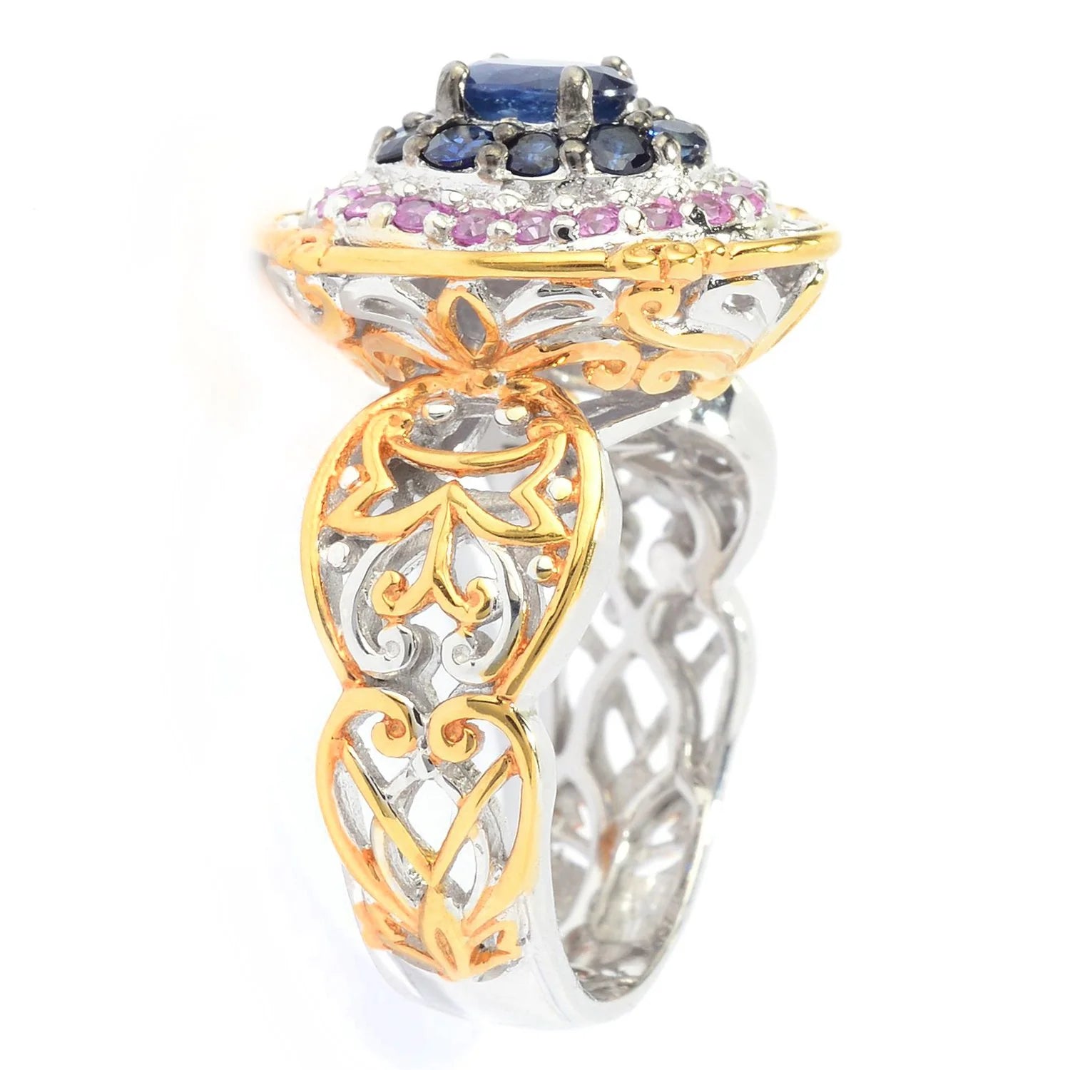 Gems en Vogue 1.40ctw Royal Blue & Pink Sapphire Double Halo Ring