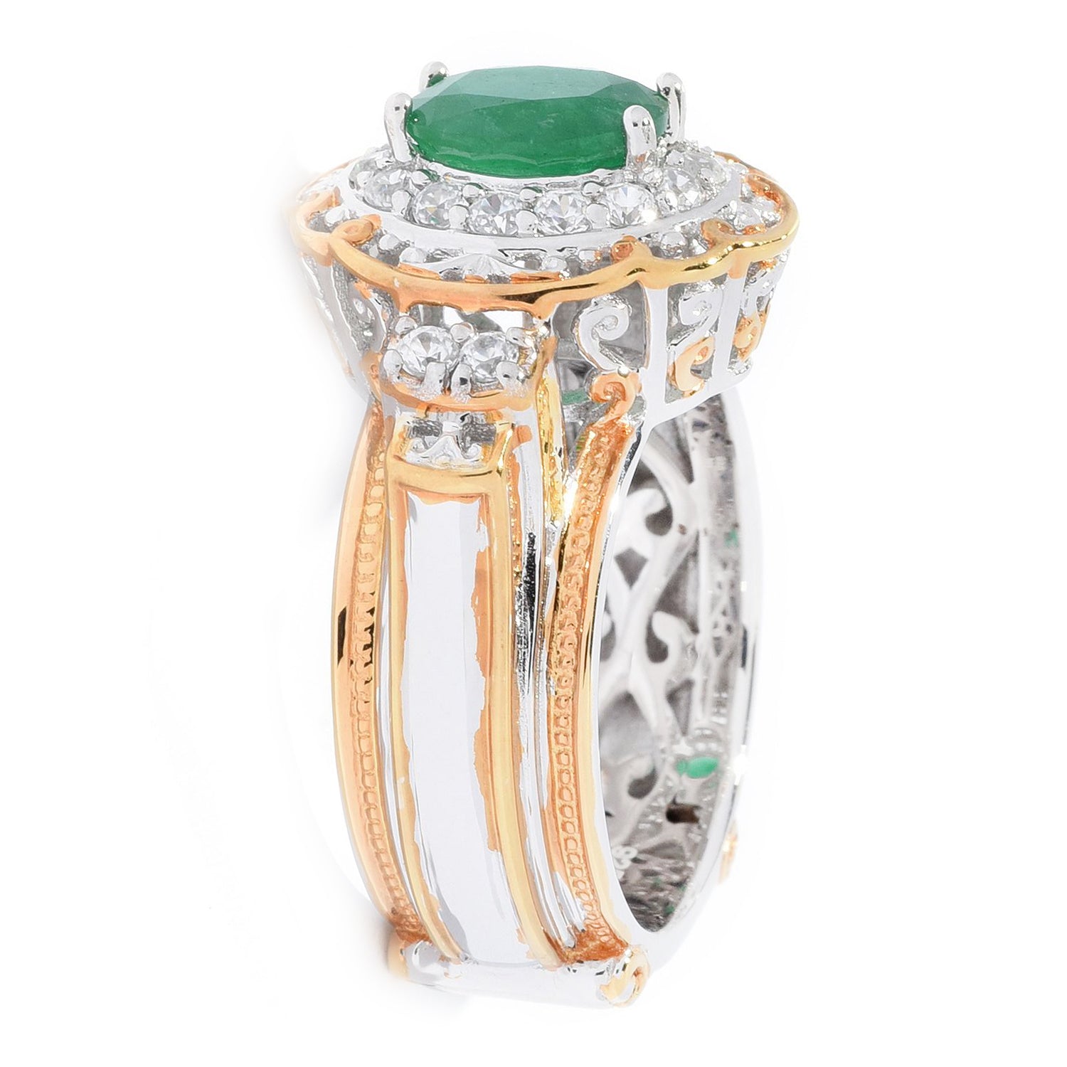 Gems en Vogue 1.60ctw Emerald & White Zircon Halo Ring