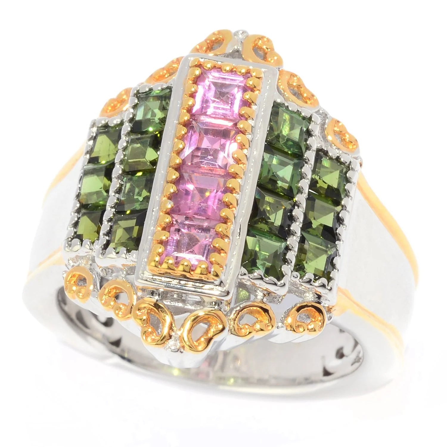 Gems en Vogue 2.04ctw Square Pink & Green Tourmaline Shield Ring