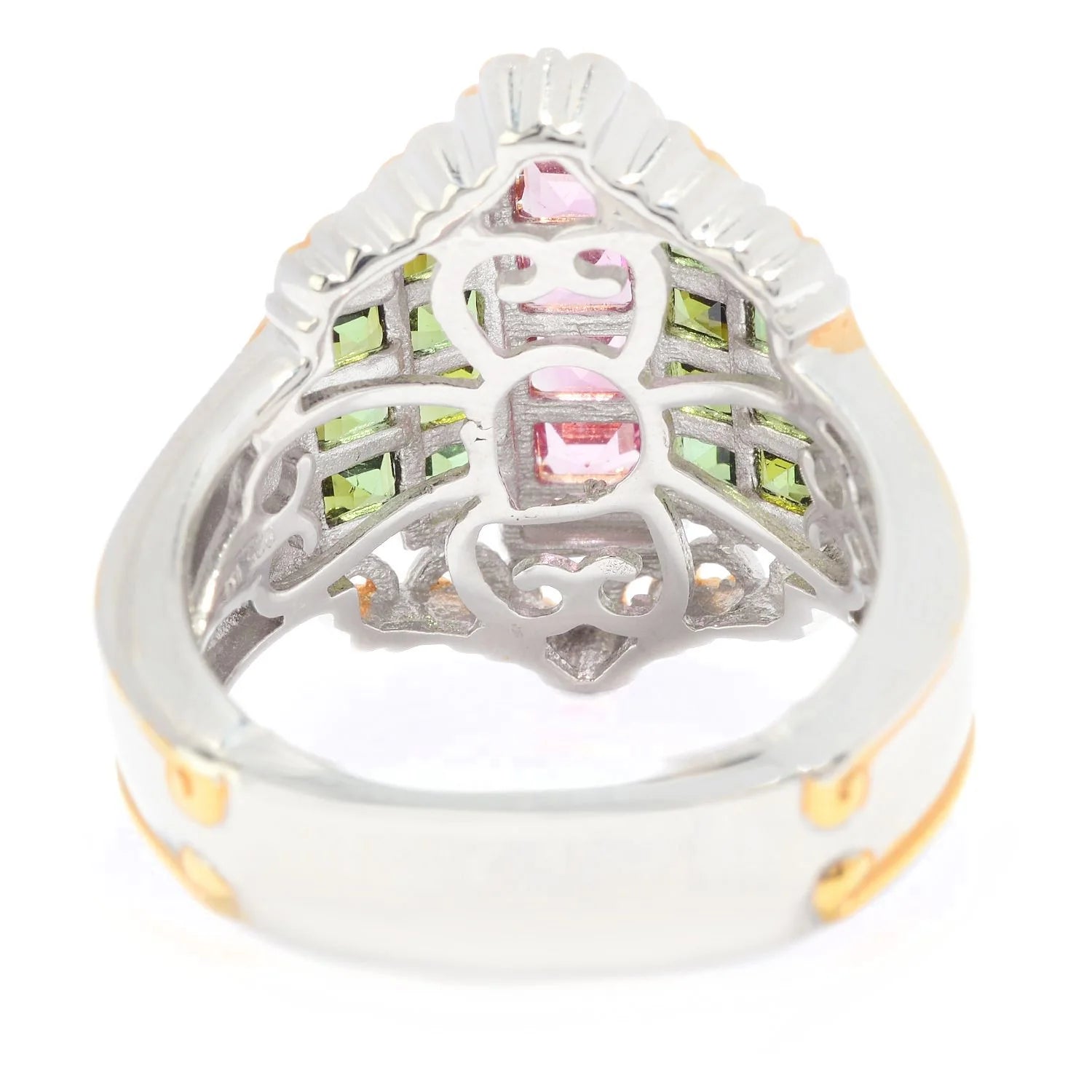 Gems en Vogue 2.04ctw Square Pink & Green Tourmaline Shield Ring