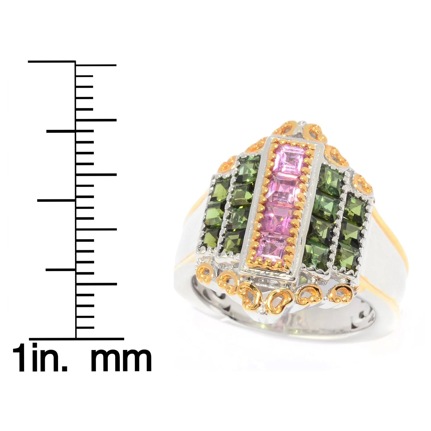 Gems en Vogue 2.04ctw Square Pink & Green Tourmaline Shield Ring