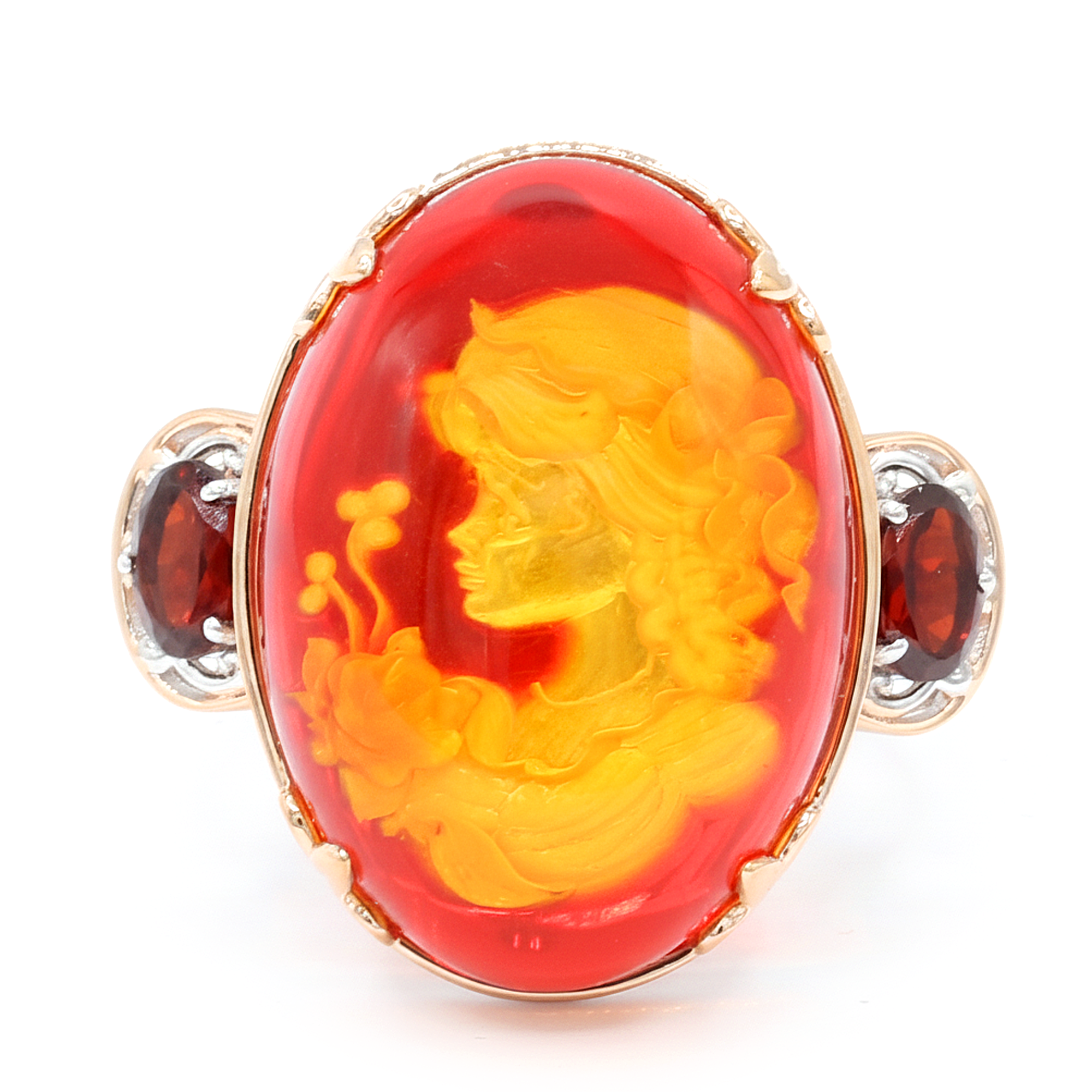 Gems en Vogue 24K Palladium Silver Carved Lady Red Amber & Garnet Ring