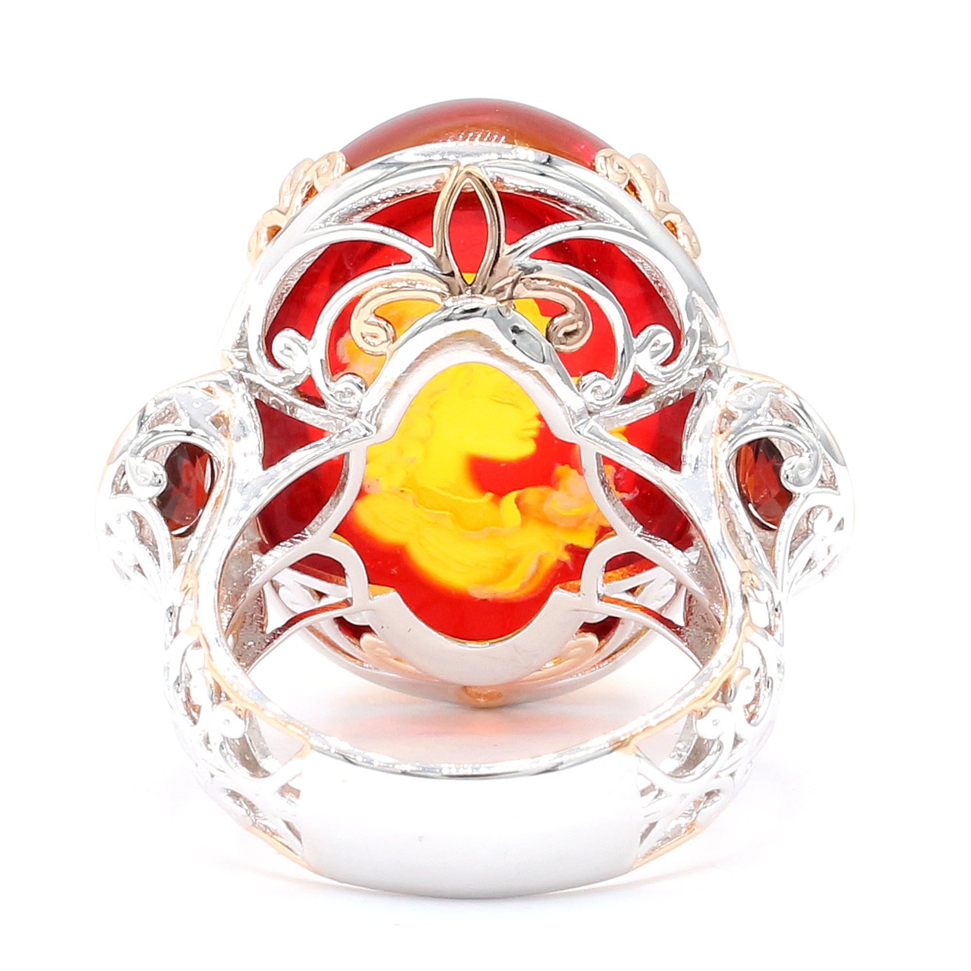 Gems en Vogue 24K Palladium Silver Carved Lady Red Amber & Garnet Ring