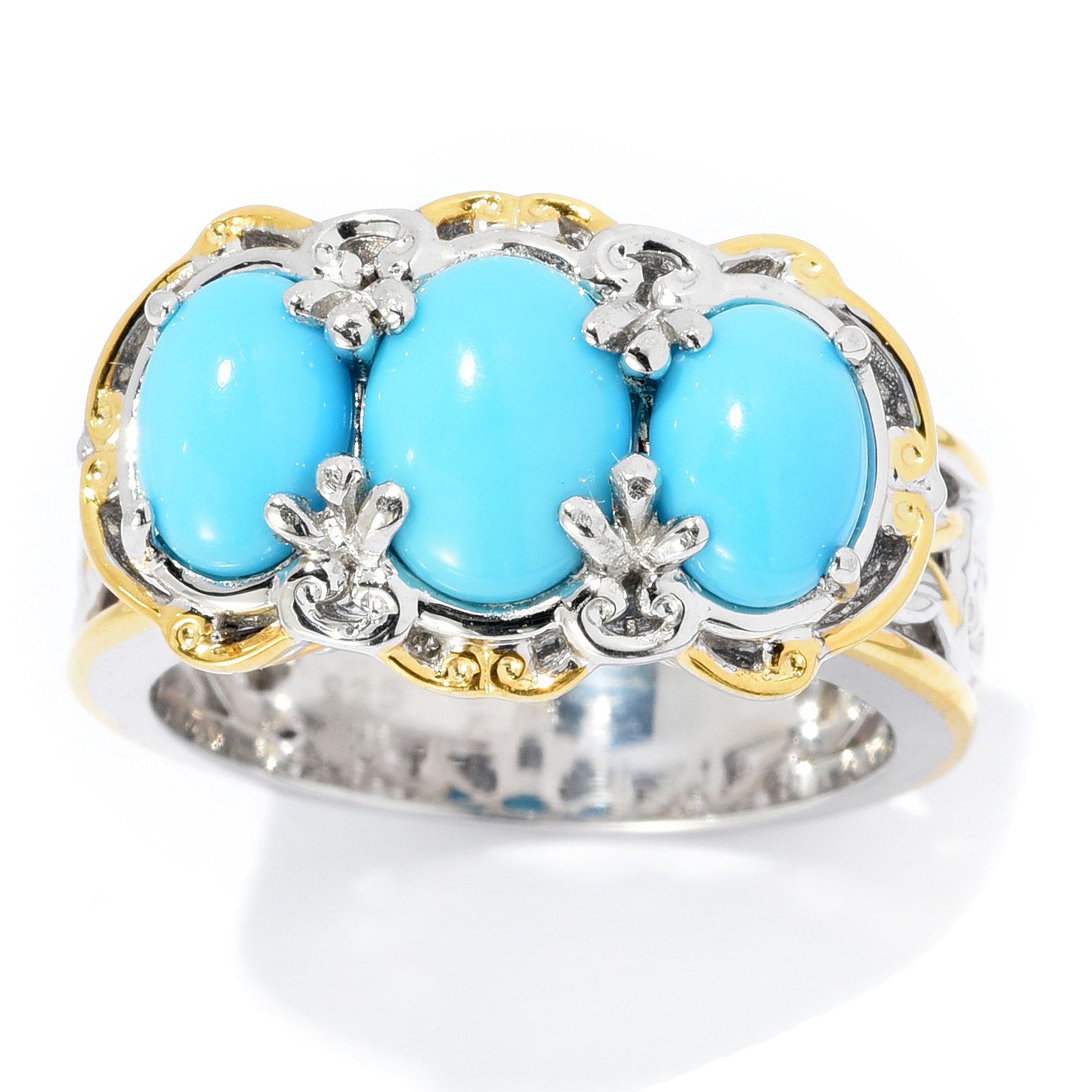 Gems en Vogue Oval Shaped Sleeping Beauty Turquoise 3-Stone Ring