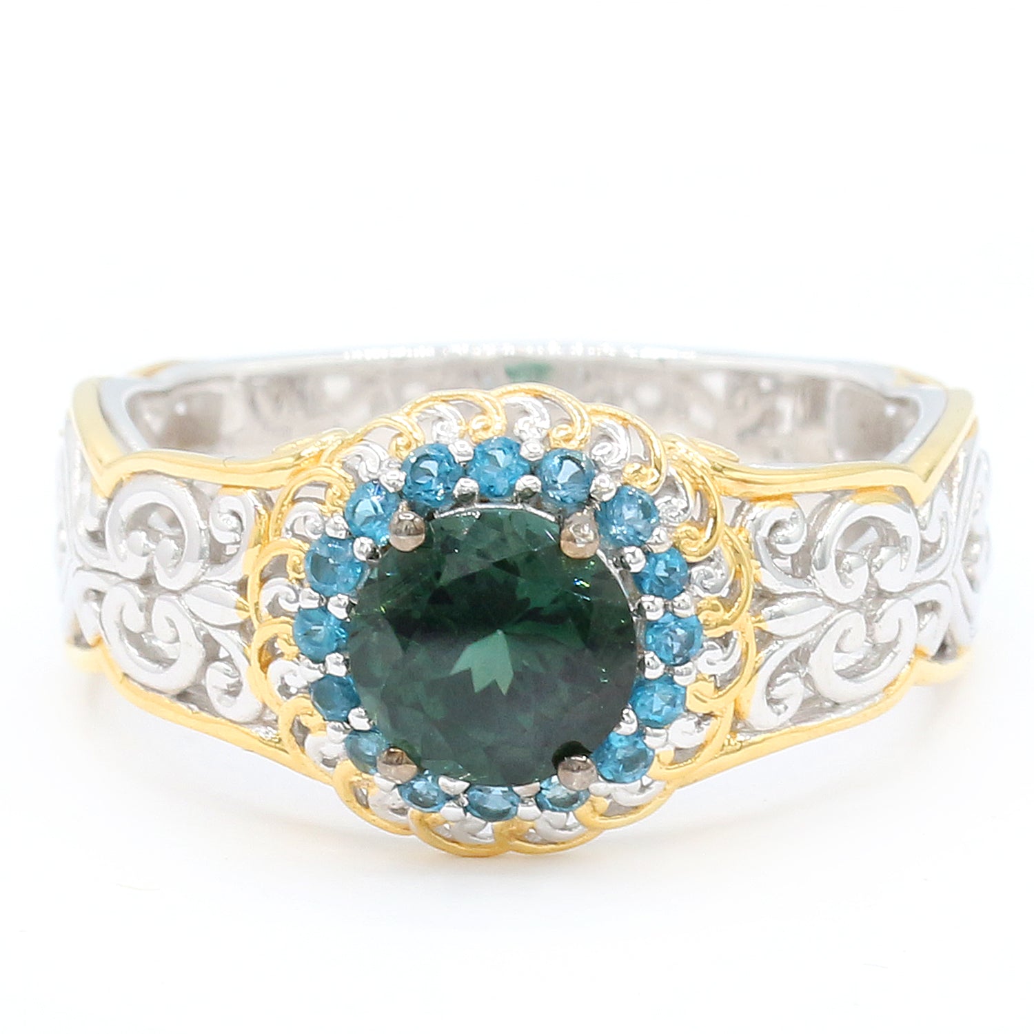 Gems en Vogue One-of-a-Kind 1.56ctw Teal Tourmaline & London Blue Topaz Halo Ring