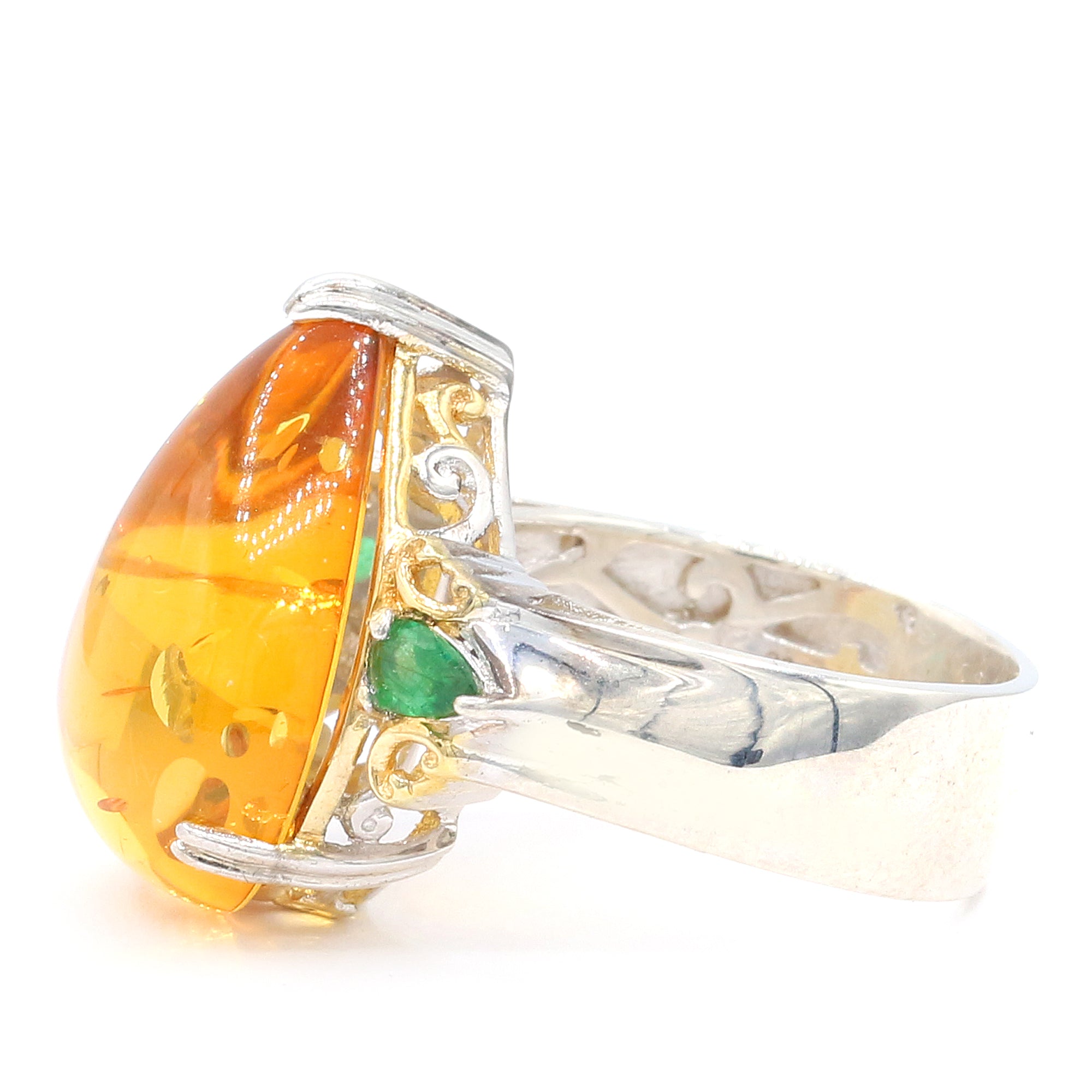 Gems en Vogue One-of-a-Kind 24K Palladium Silver Baltic Amber & Grizzly Emerald Ring