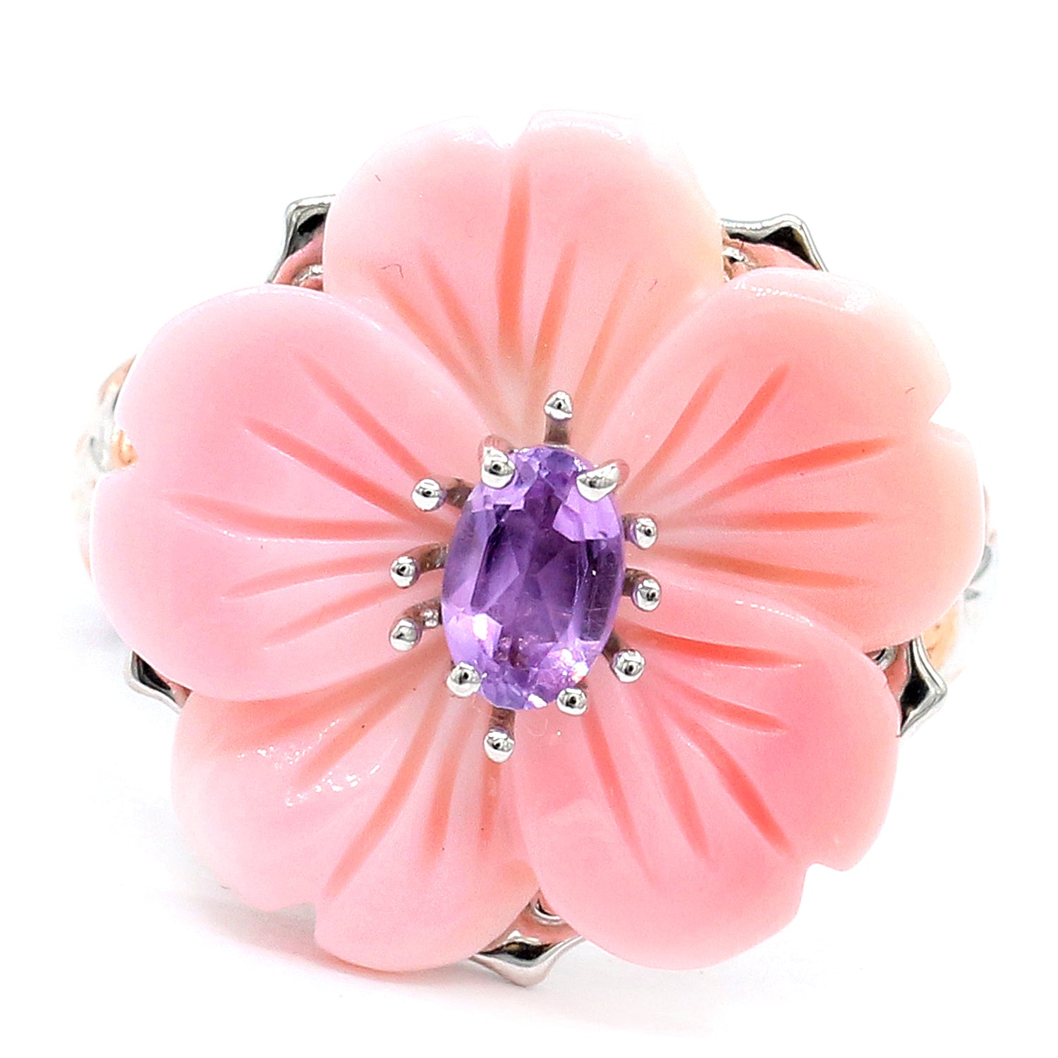 Gems en Vogue Pink Conch Shell & Brazilian Amethyst Flower Ring