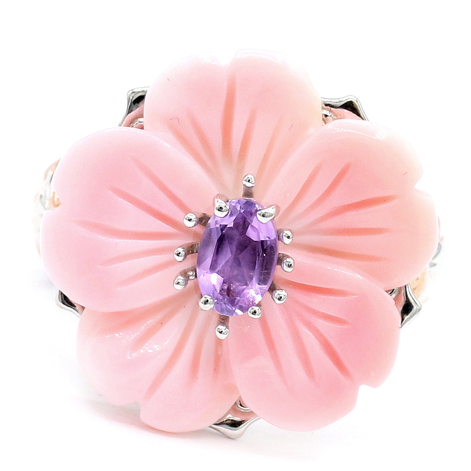 Gems en Vogue Pink Conch Shell & Brazilian Amethyst Flower Ring