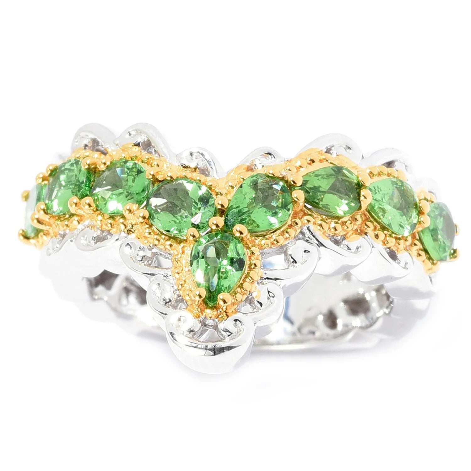 Gems en Vogue 1.40ctw Pearshaped Tsavorite Chevron Band Ring