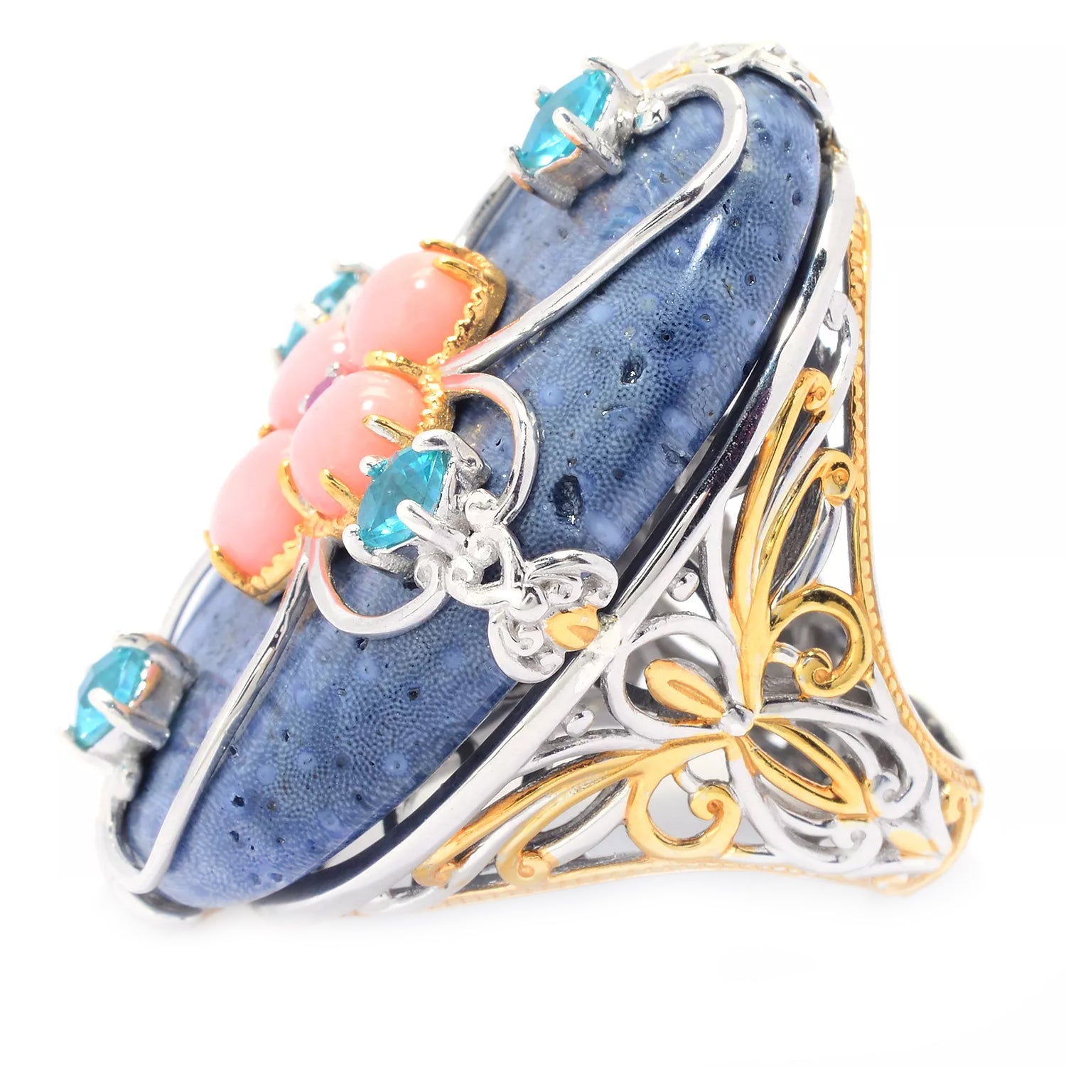 Gems en Vogue Blue Coral & Multi Gemstones Flower Ring