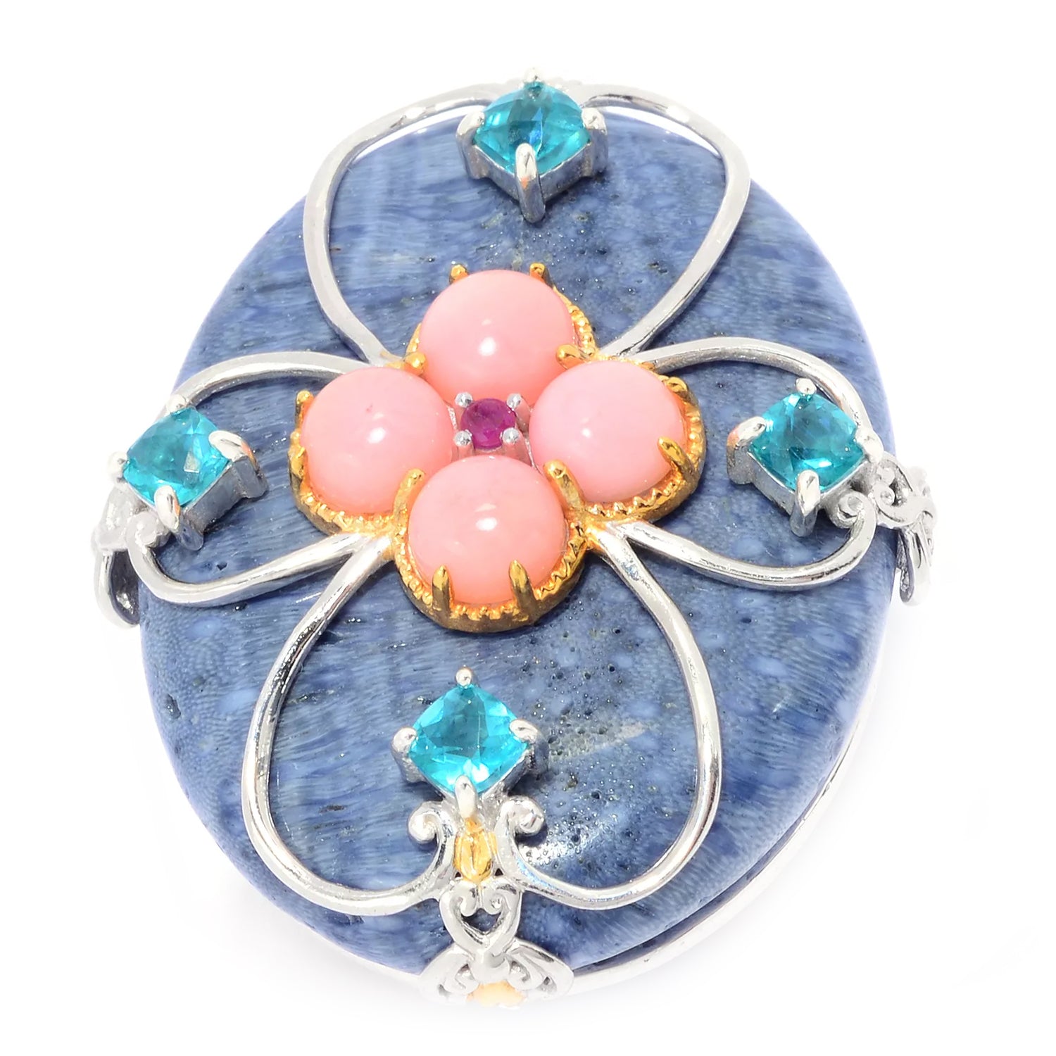 Gems en Vogue Blue Coral & Multi Gemstones Flower Ring