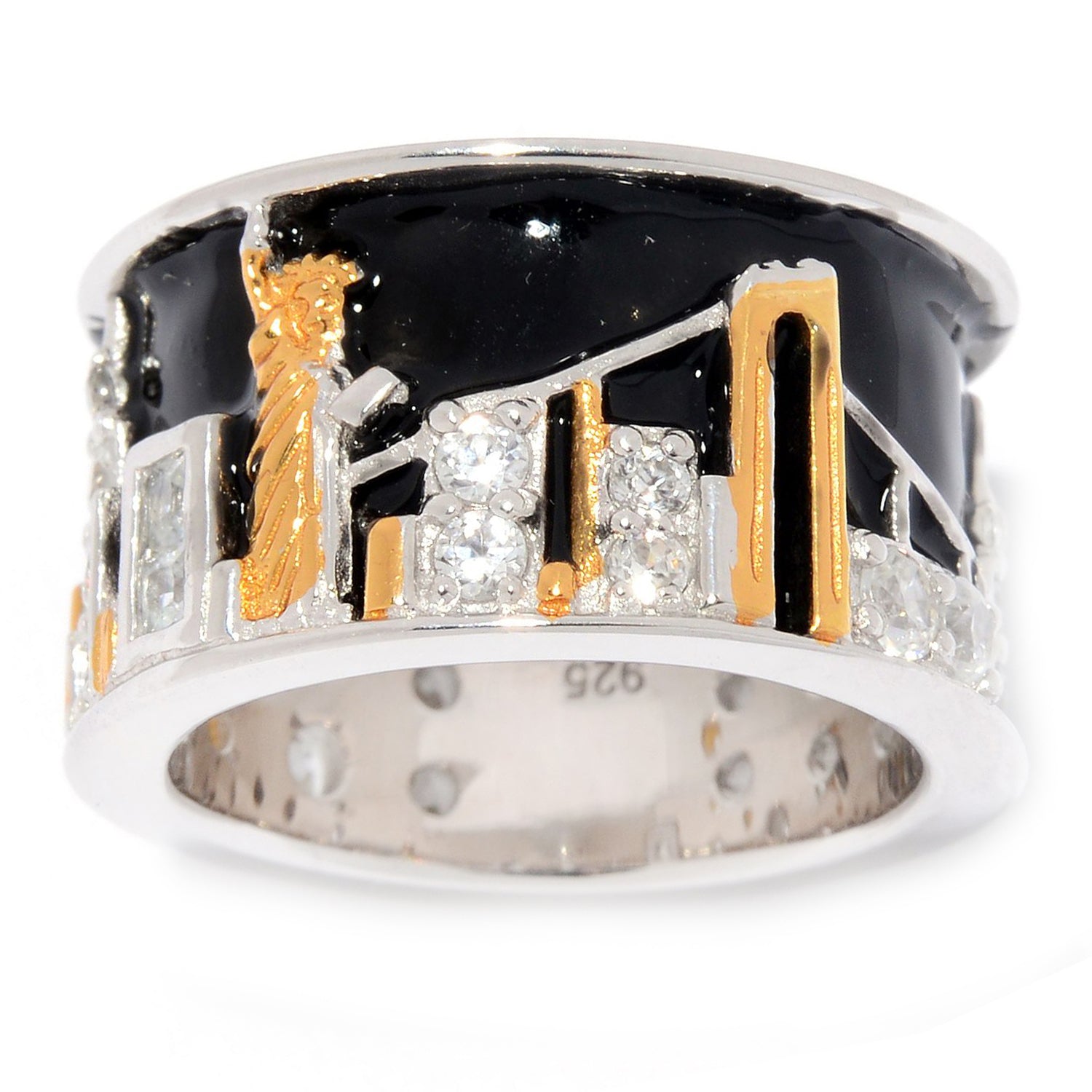 Gems en Vogue 24K Palladium Silver 2.02ctw White Zircon New York City Scape Eternity Band Enamel Ring CANNOT BE RESIZED