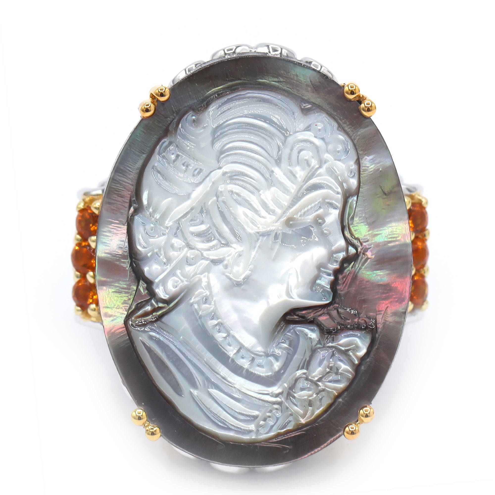 Gems en Vogue 24K Palladium Silver Tahitian Shell Cameo & Madeira Citrine Lady Portrait Ring