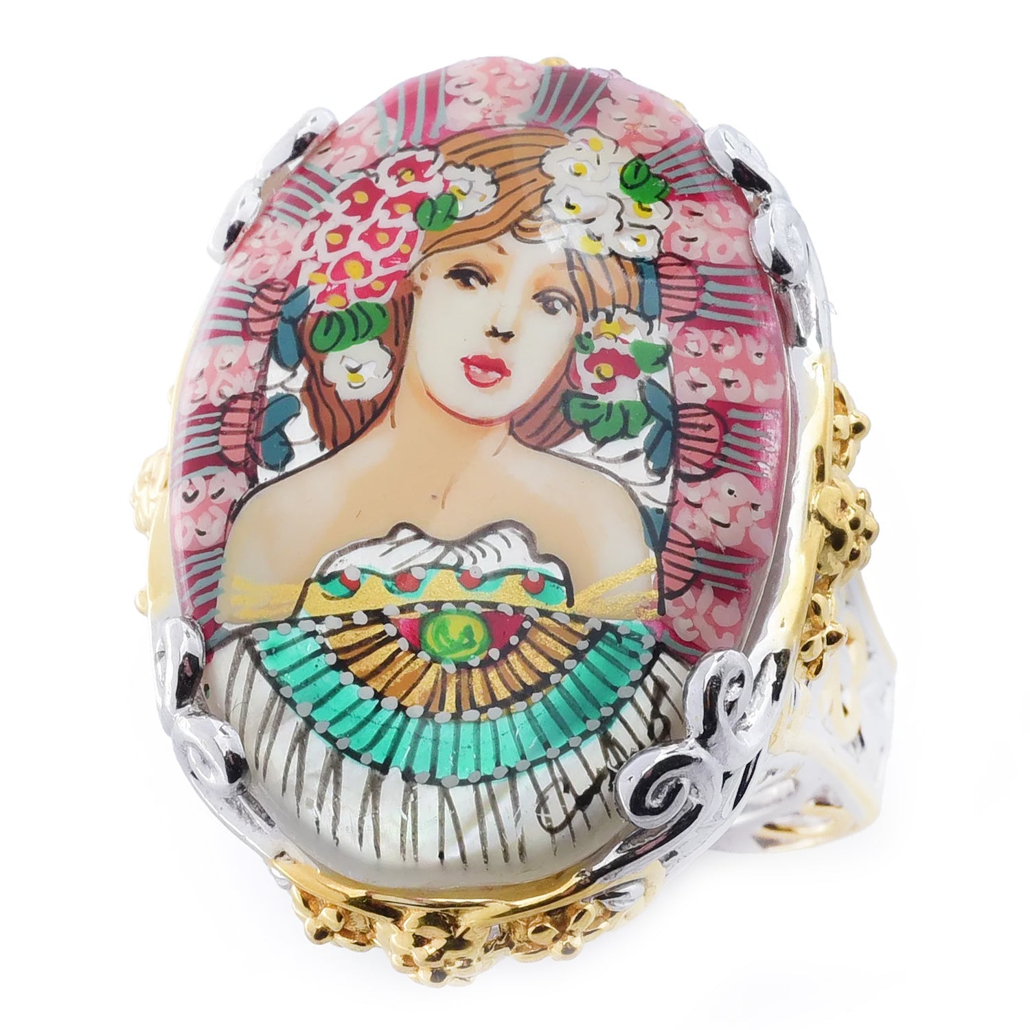 Gems en Vogue Oval Painted Shell Lady & Flower Ring