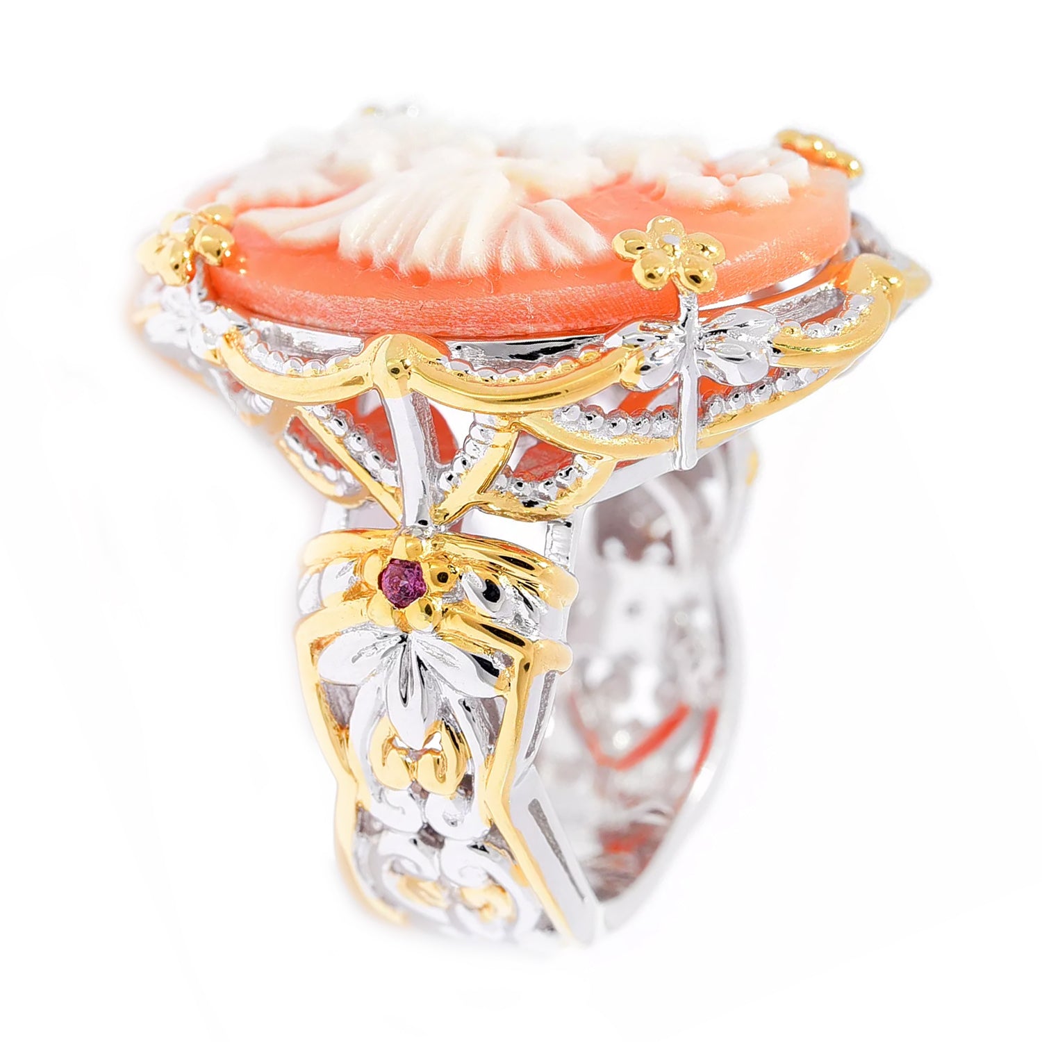 Gems en Vogue Carved Cameo & Rhodolite Garnet Hummingbird Flower Ring