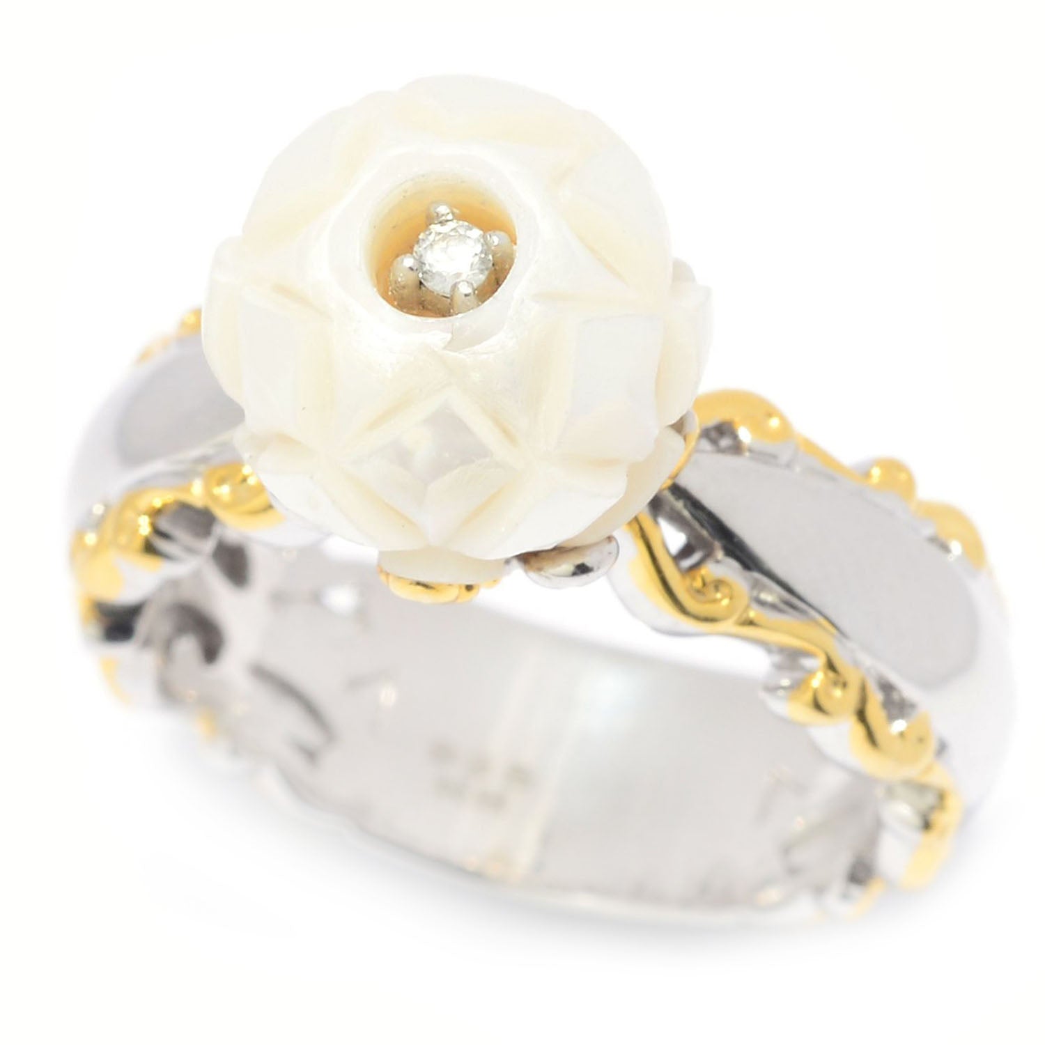 Gems en Vogue Carved Flower White Pearl & White Zircon Ring