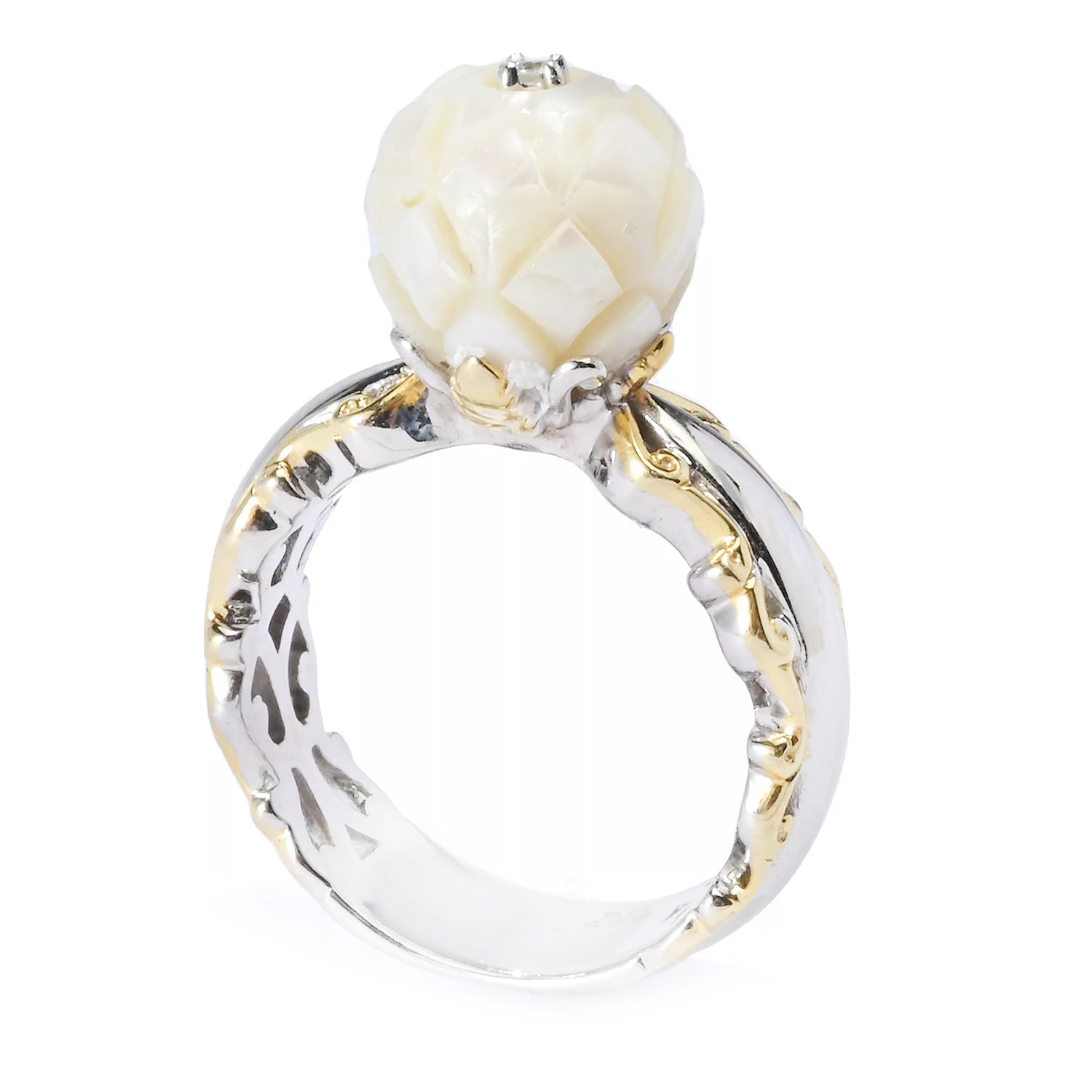 Gems en Vogue Carved Flower White Pearl & White Zircon Ring