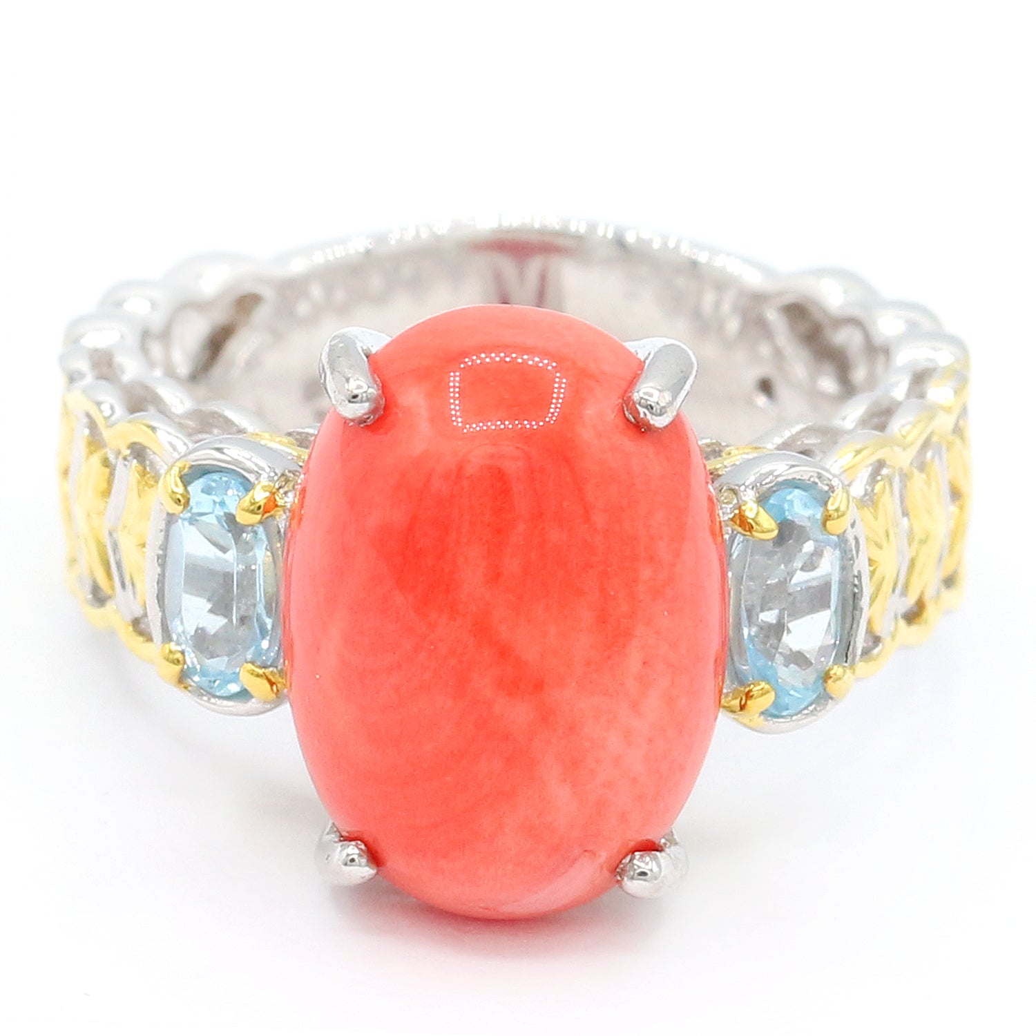 Gems en Vogue Oval Salmon Coral & Sky Blue Topaz Ring