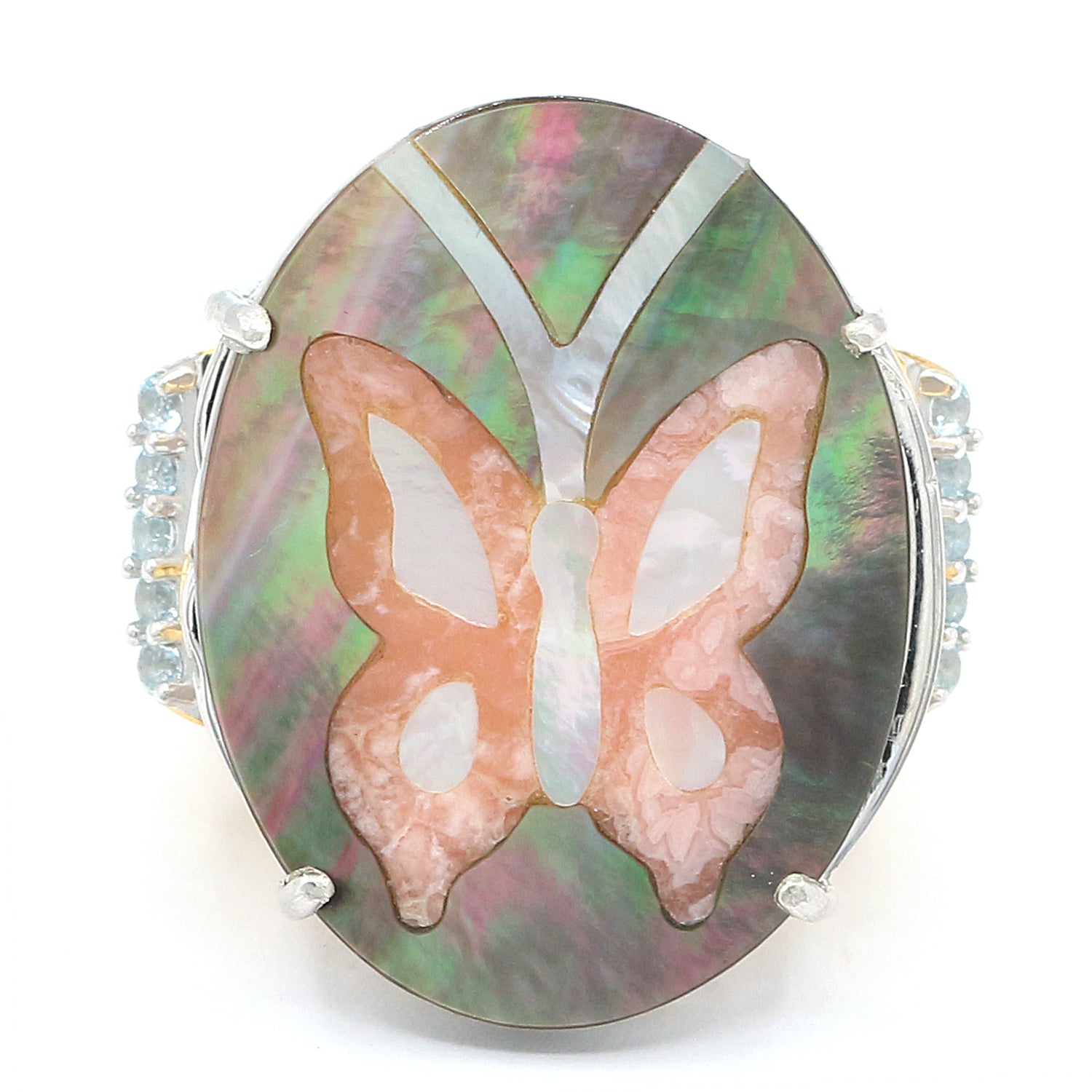 Gems en Vogue Mother-of-Pearl Peacock Inlay & Sky Blue Topaz Butterfly Ring