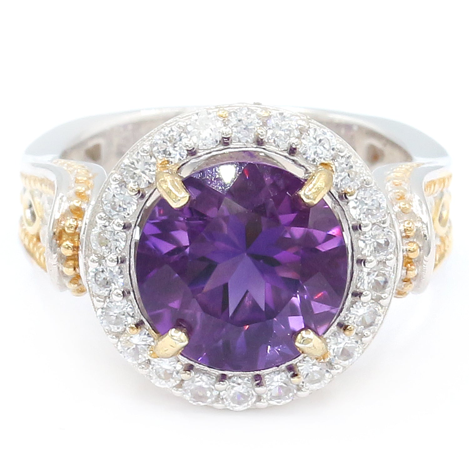 Gems en Vogue 5.35ctw Round Namibian Amethyst & White Zircon Halo Ring