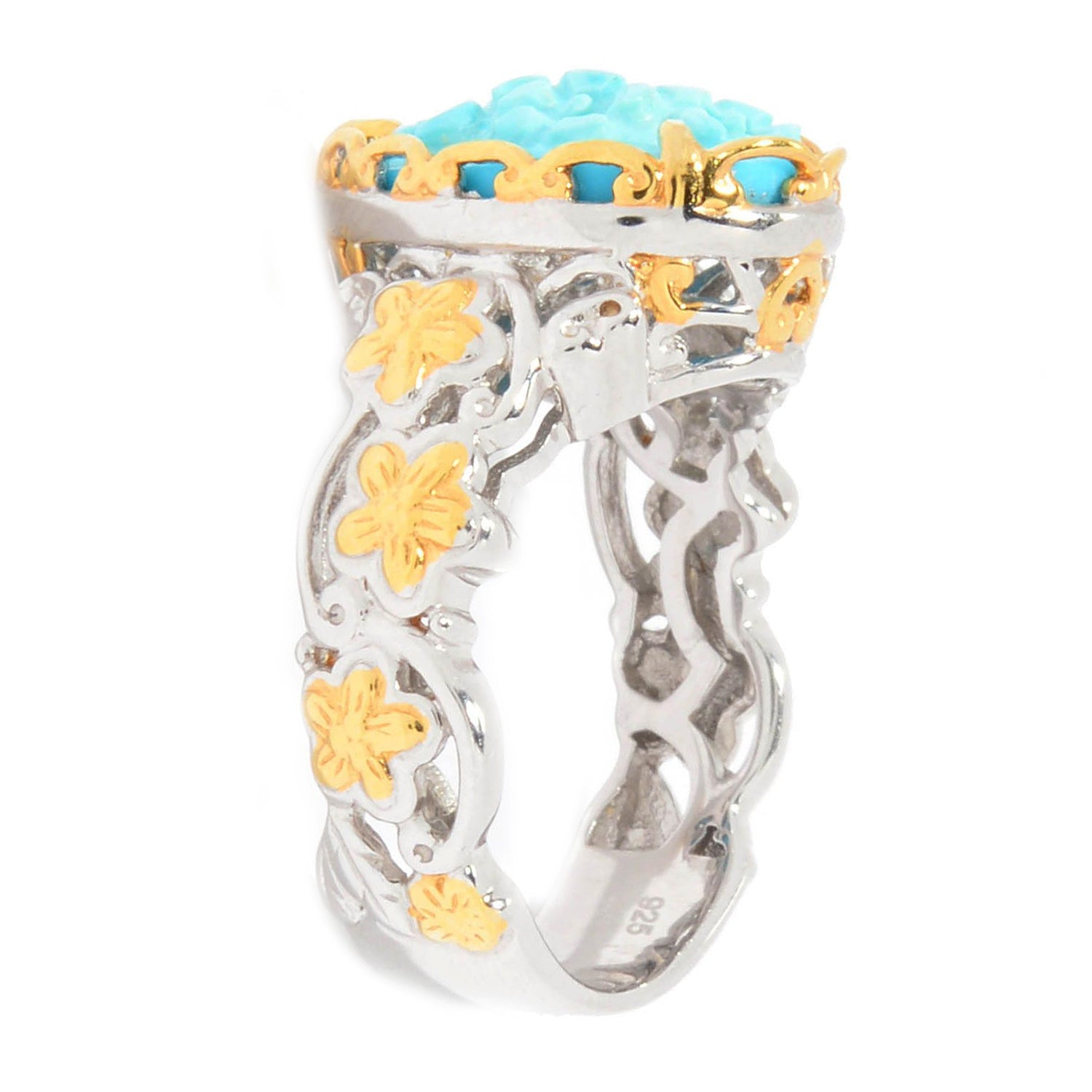 Gems en Vogue 24K Palladium Silver Kingman Turquoise Carved Flower Ring