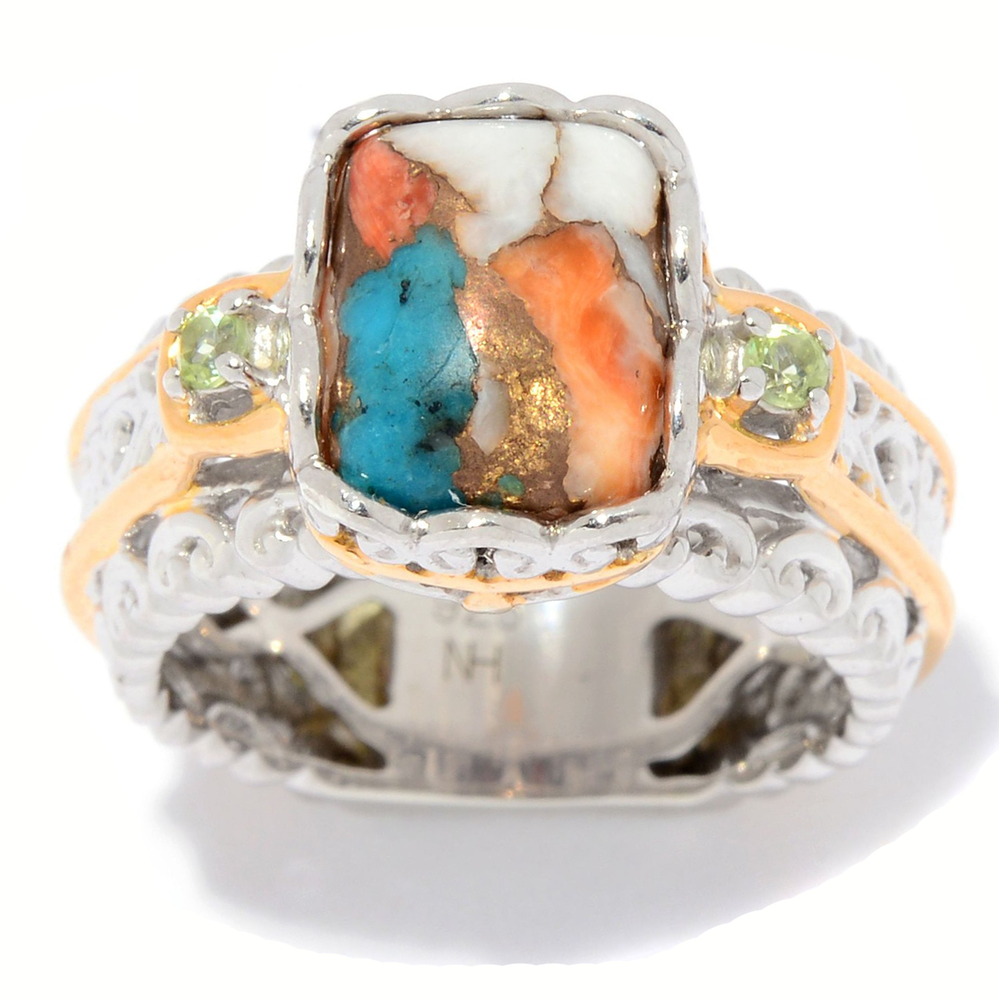 Gems en Vogue 24K Palladium Silver Spiny Oyster Turquoise & Peridot Ring