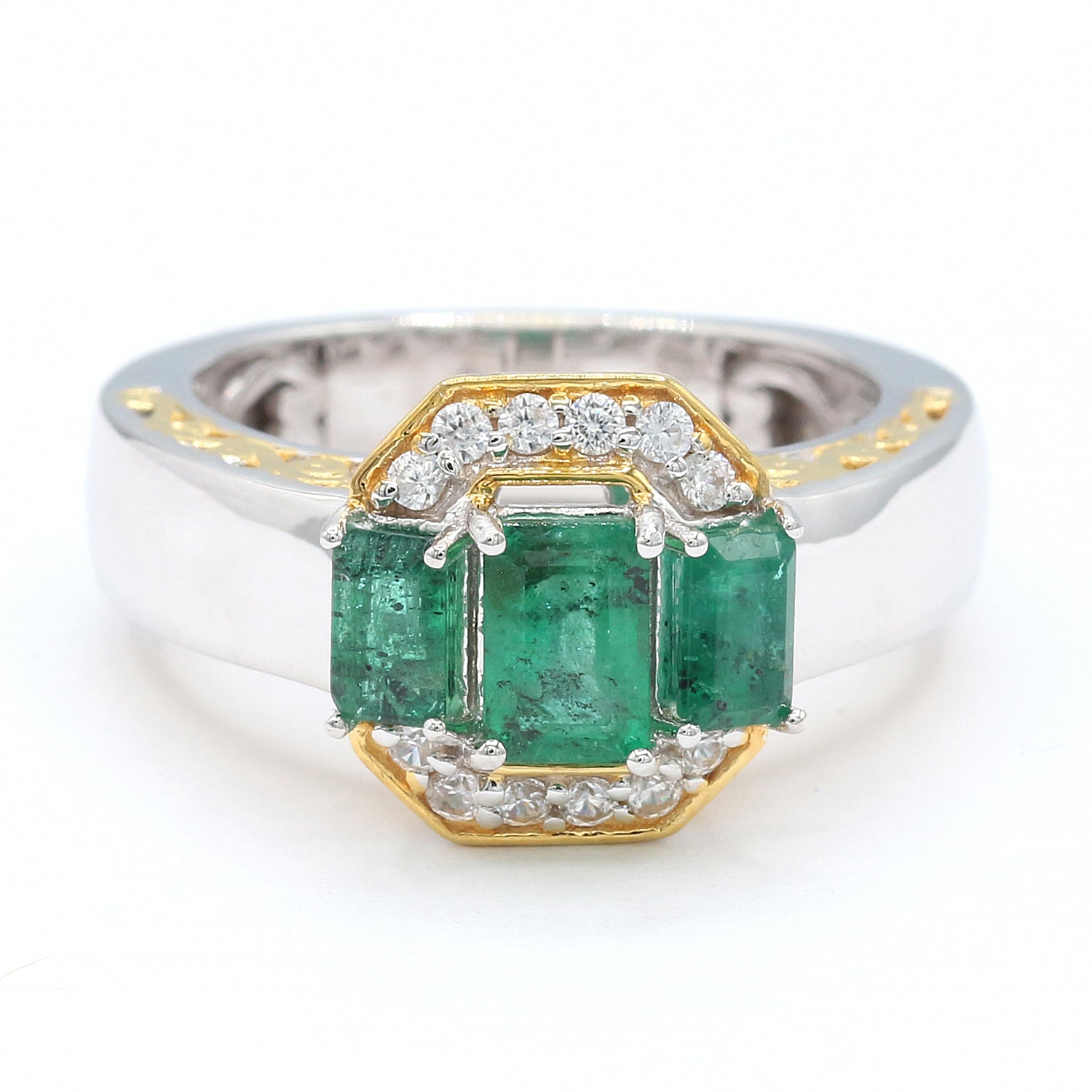 Gems en Vogue 1.43ctw Emerald & White Zircon Three Stone Ring