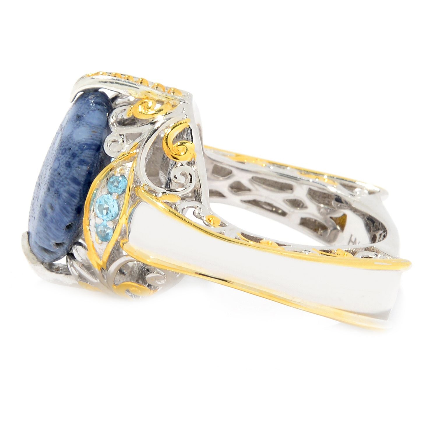 Gems en Vogue Pear Shaped Blue Coral & Swiss Blue Topaz Ring