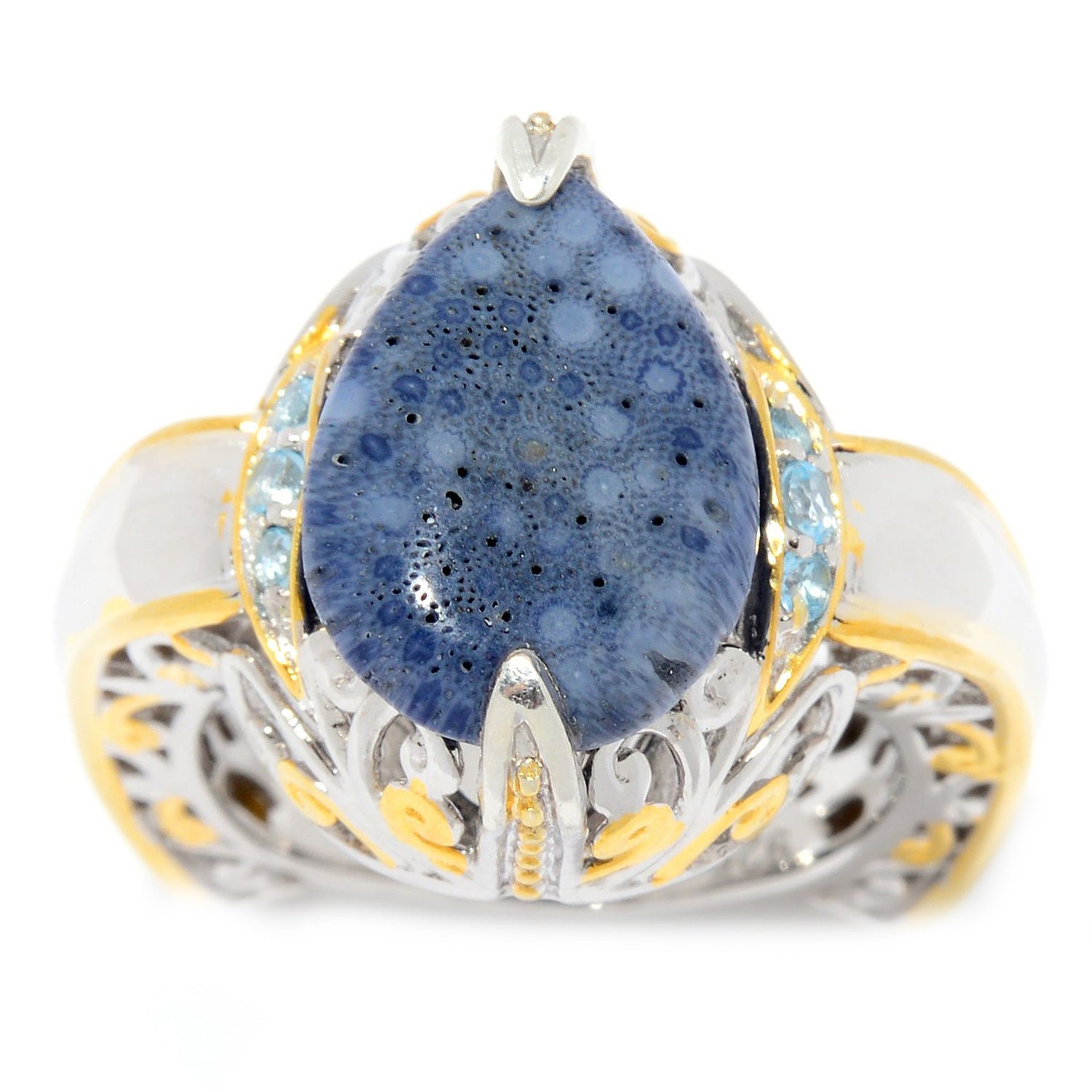 Gems en Vogue Pear Shaped Blue Coral & Swiss Blue Topaz Ring