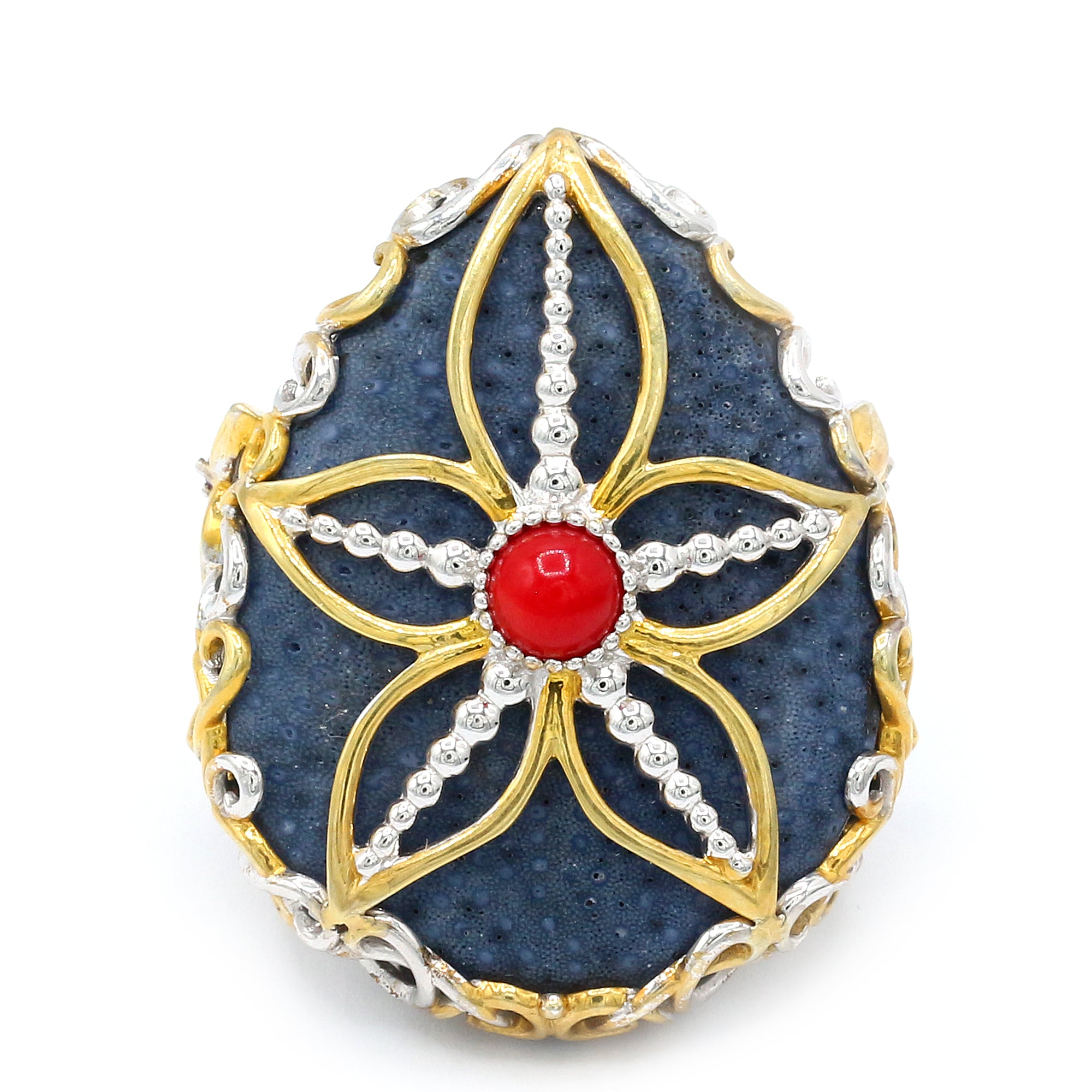 Gems en Vogue 24K Palladium Silver Blue Coral & Multi Gemstones Starfish Sealife Ring