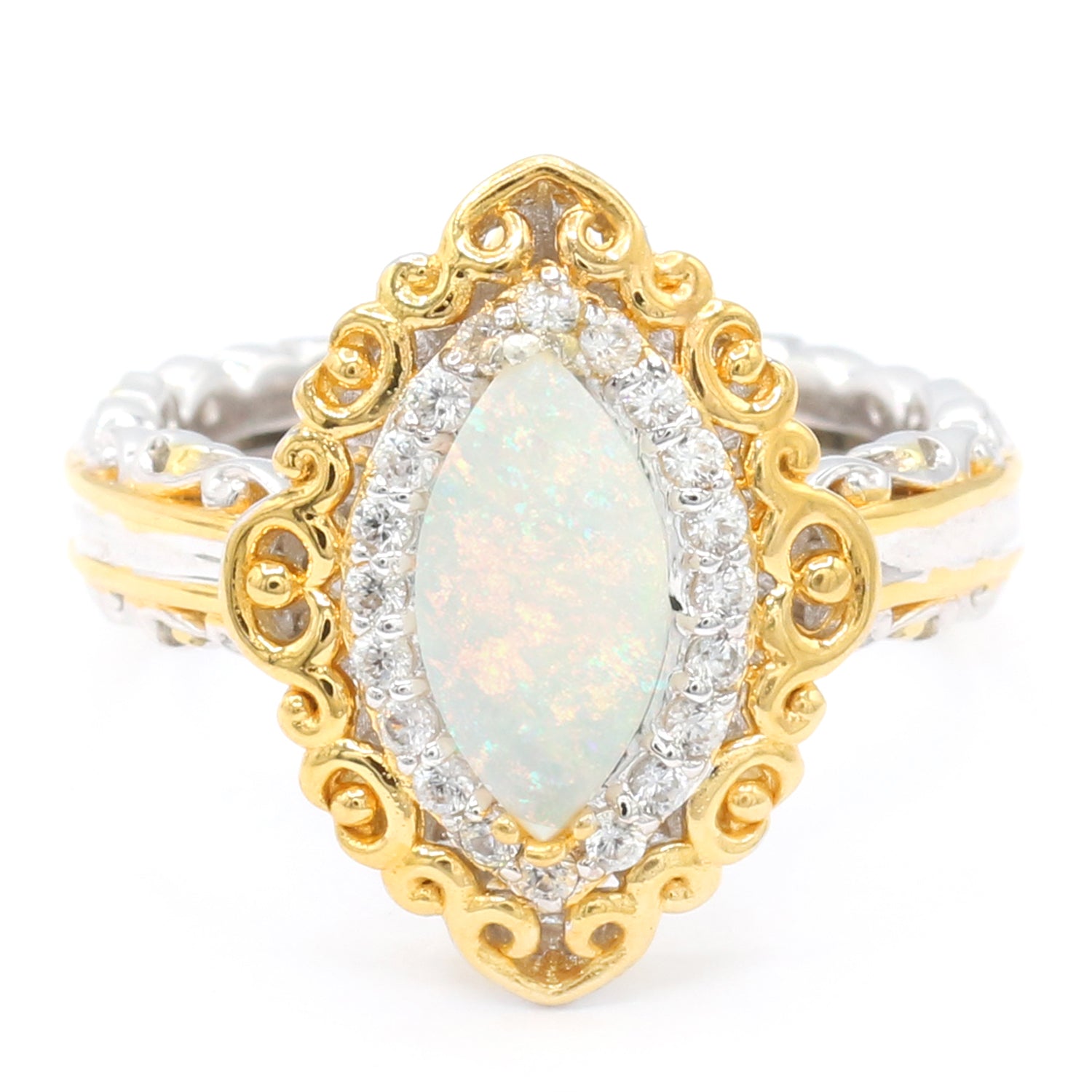 Gems en Vogue Marquise Australian White Opal & White Zircon Halo Ring