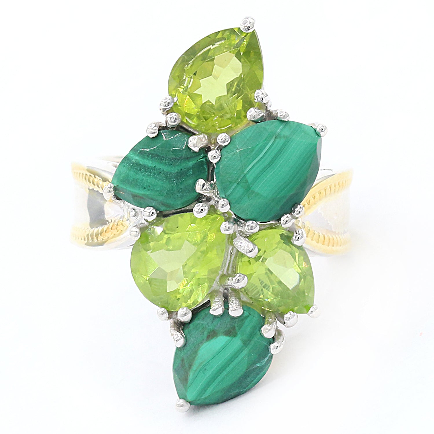 Gems en Vogue 9.61ctw Pearshaped Peridot & Malachite Cluster Ring