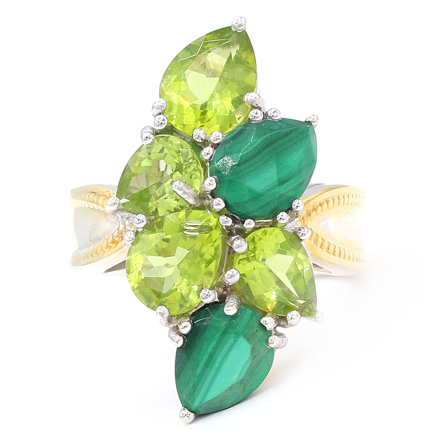Gems en Vogue 9.61ctw Pearshaped Peridot & Malachite Cluster Ring