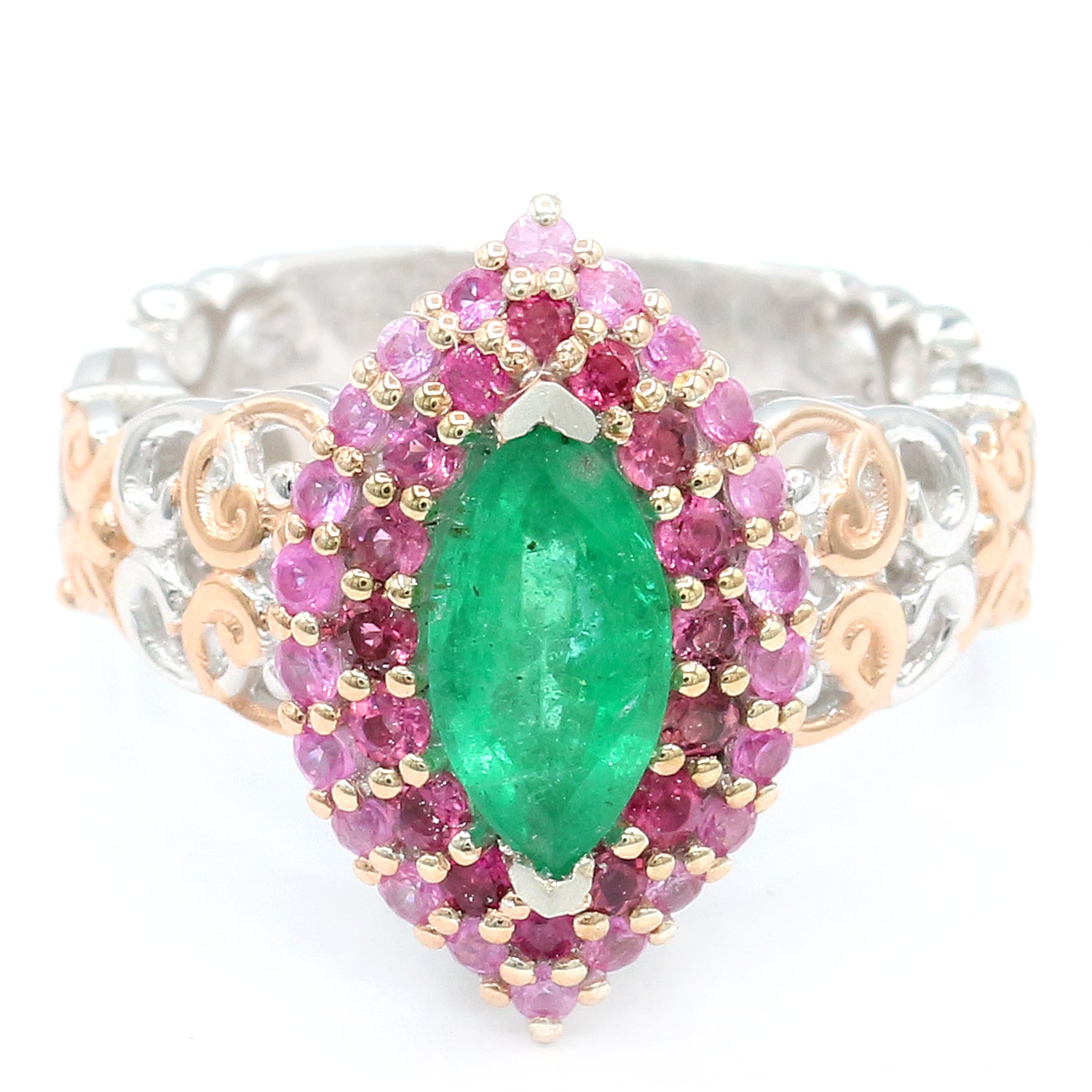 Gems en Vogue 2.02ctw Emerald, Pink Tourmaline & Pink Sapphire Double Halo Marquise Ring