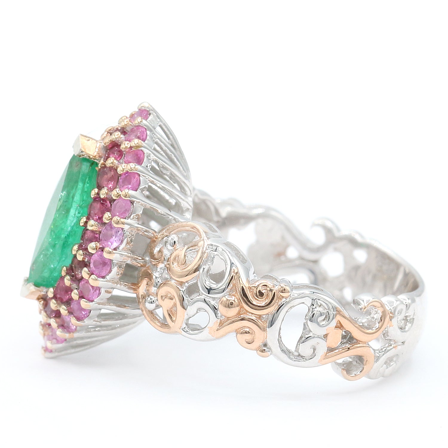 Gems en Vogue One-of-a-Kind 2.02ctw Emerald, Pink Tourmaline & Pink Sapphire Double Halo Marquise Ring