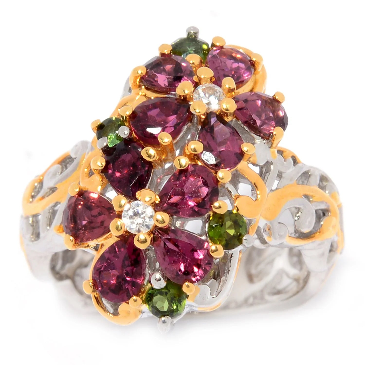 Gems en Vogue 2.28ctw Pink & Green Tourmaline with White Zircon Flower Ring