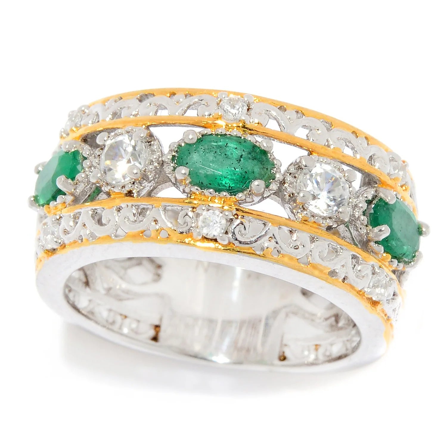 Gems en Vogue 0.83ctw Zambian Emerald and White Zircon Band Ring