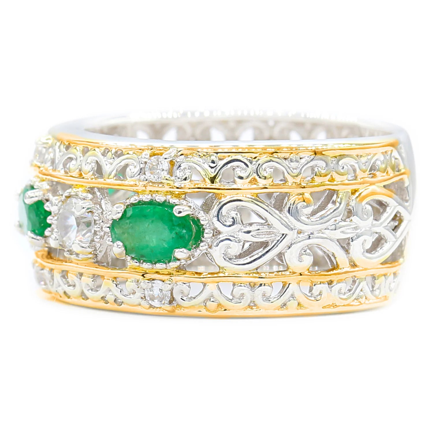 Gems en Vogue 0.83ctw Zambian Emerald and White Zircon Band Ring