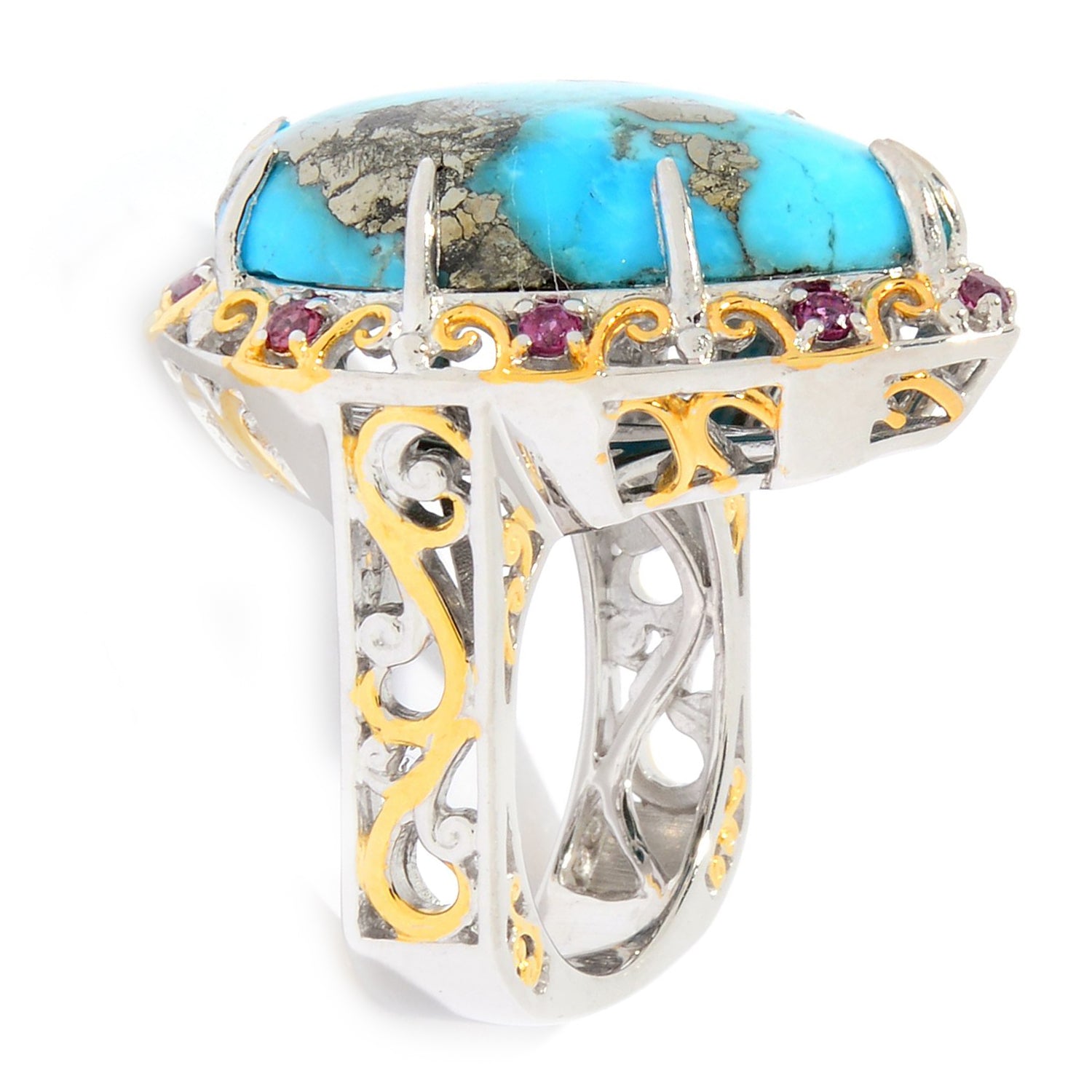 Gems en Vogue Pear Pyrite Turquoise & Rhodolite Garnet Ring
