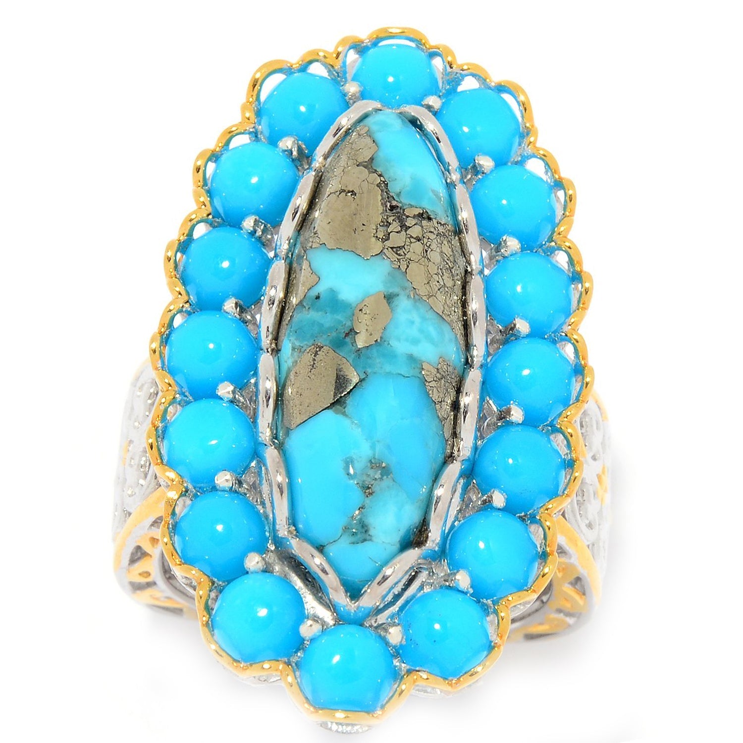 Gems en Vogue Pyrite Turquoise & Kingman Turquoise Halo Ring