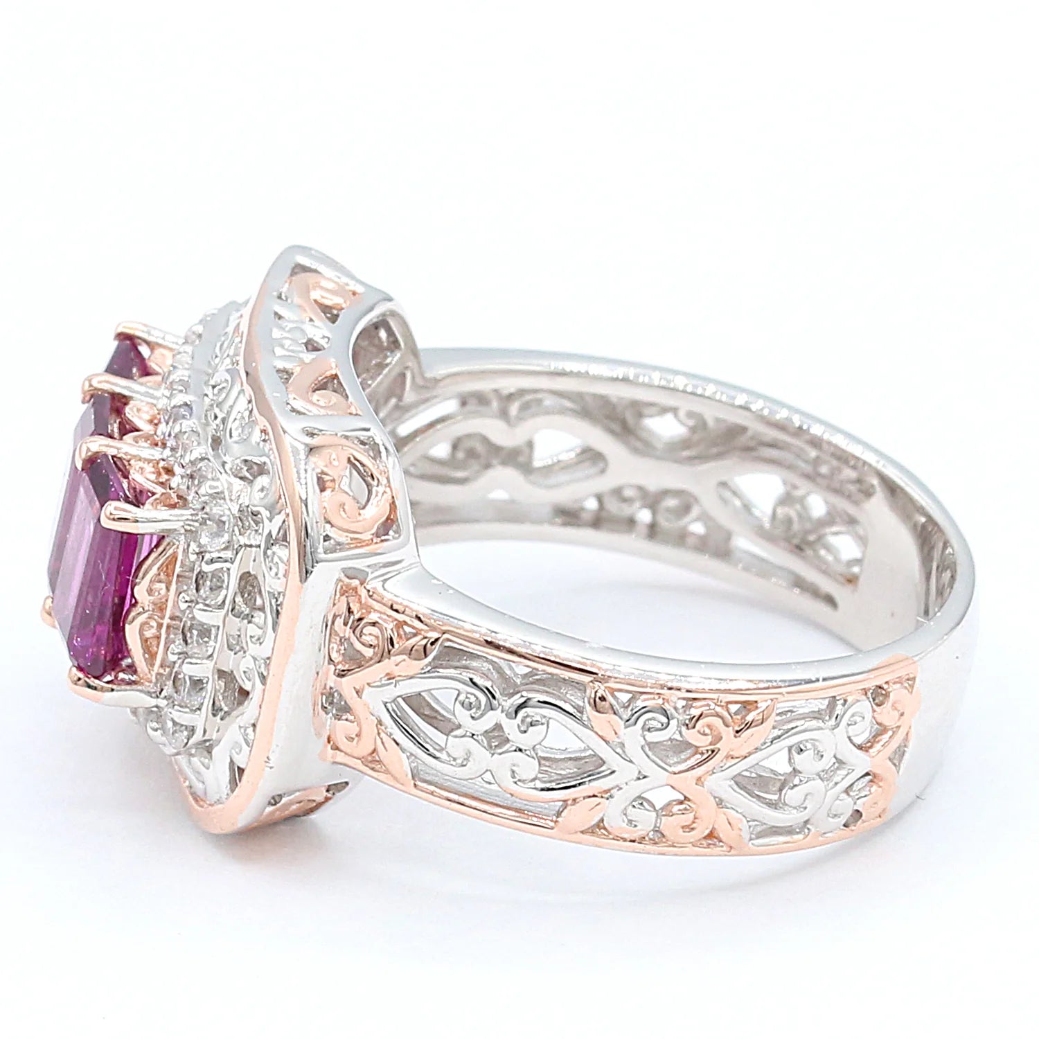 Gems en Vogue 3.06ctw Purple Garnet & White Zircon Three Stone Halo Ring