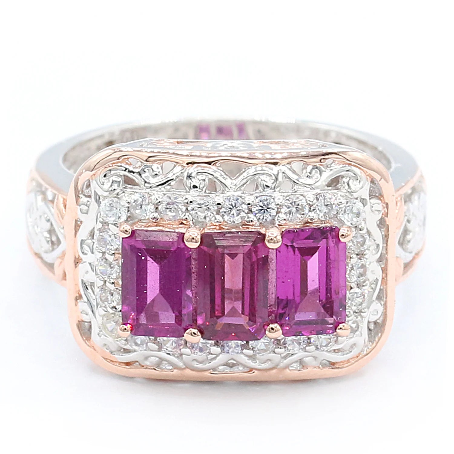 Gems en Vogue 3.06ctw Purple Garnet & White Zircon Three Stone Halo Ring