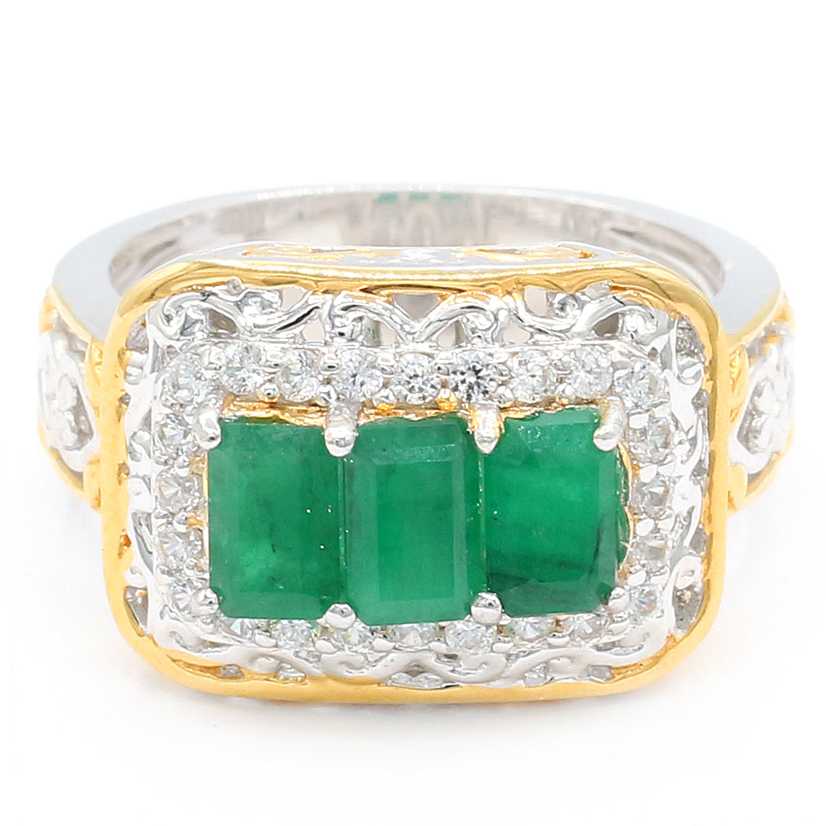 Gems en Vogue 2.46ctw Emerald & White Zircon Three Stone Halo Ring