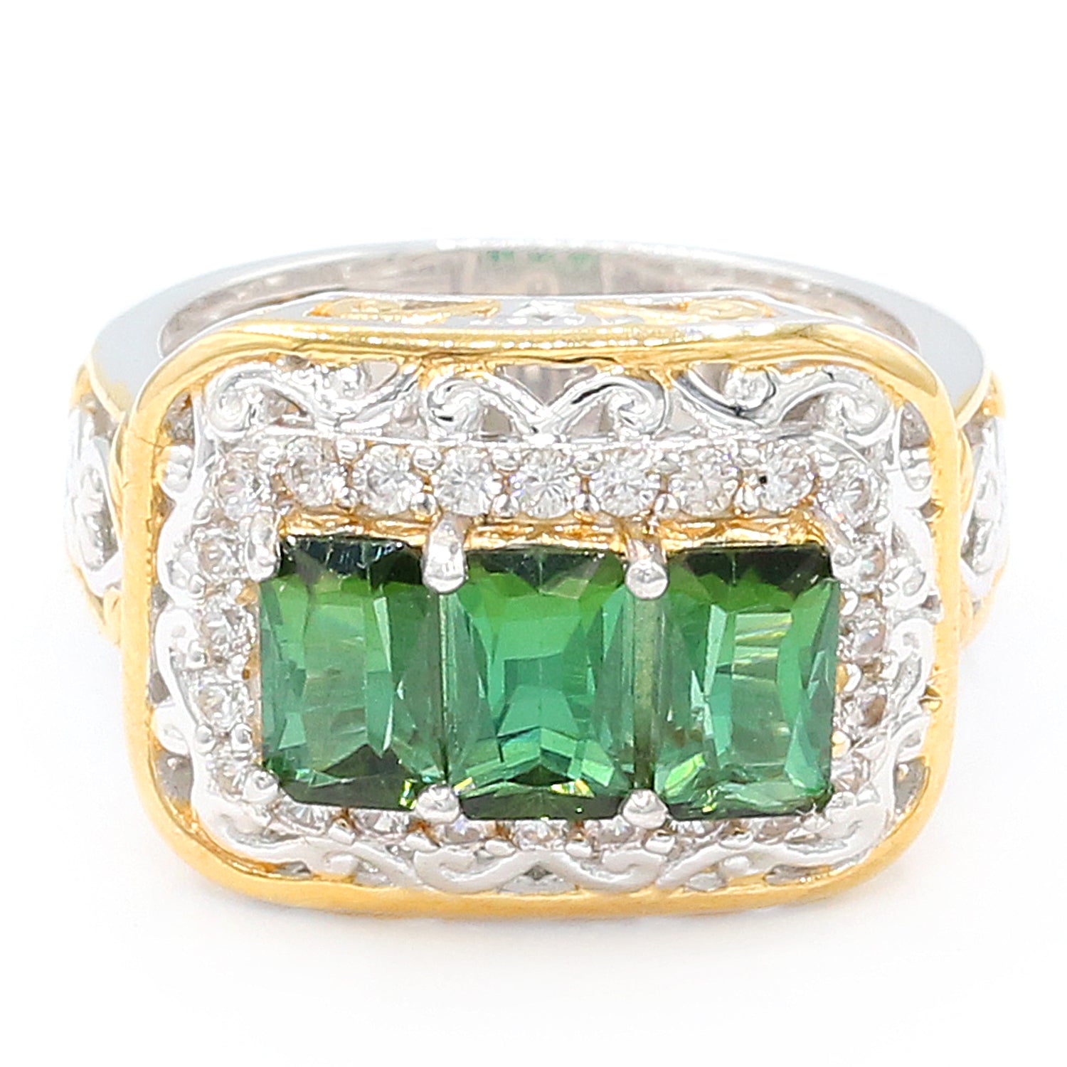 Gems en Vogue 2.52ctw Green Tourmaline & White Zircon Three Stone Ring